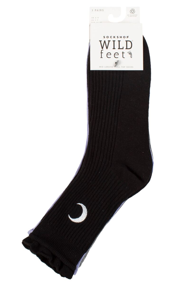 Ladies 3 Pair Wild Feet Mid Length Frill Top Embroidered Socks from
