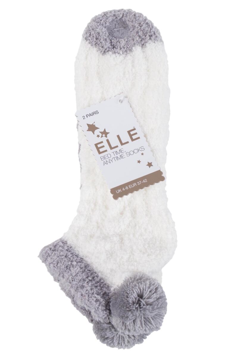 Ladies 2 Pair Elle Cable Cosy Anklet Socks with Pom Poms