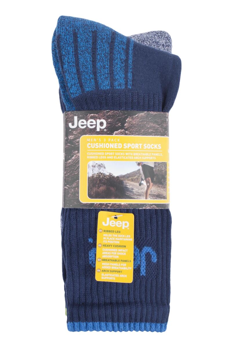 Mens 3 Pair Jeep Cushioned Crew Cotton Sport Socks