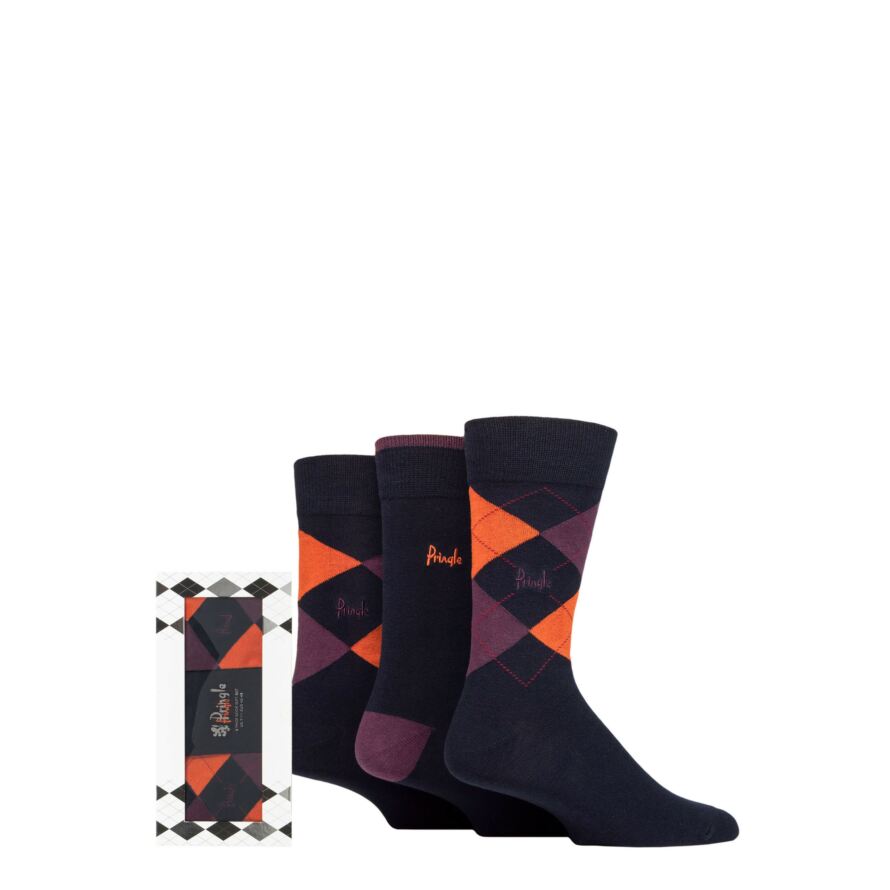 Mens 3 Pair Pringle Argyle Patterned and Plain Gift Boxed Cotton Socks