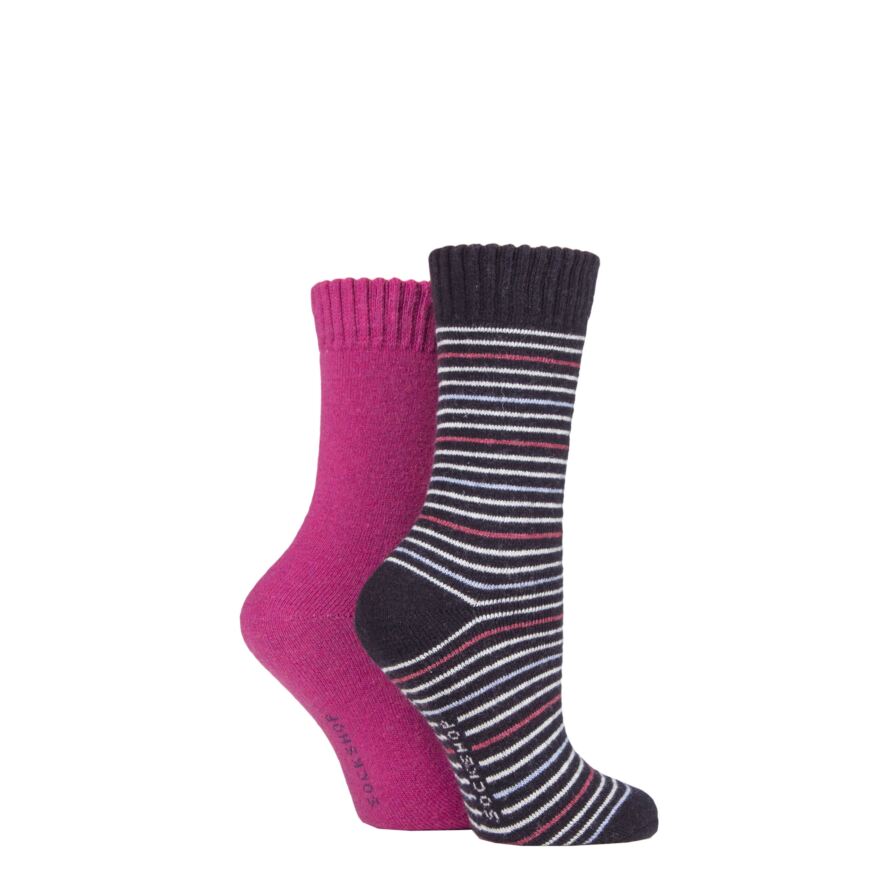 Ladies 2 Pair Wool Mix Striped and Plain Boot Socks