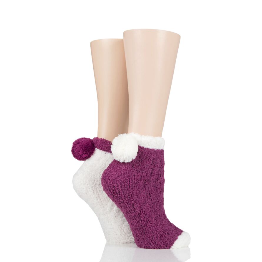 Ladies 2 Pair Elle Cable Cosy Anklet Socks with Pom Poms
