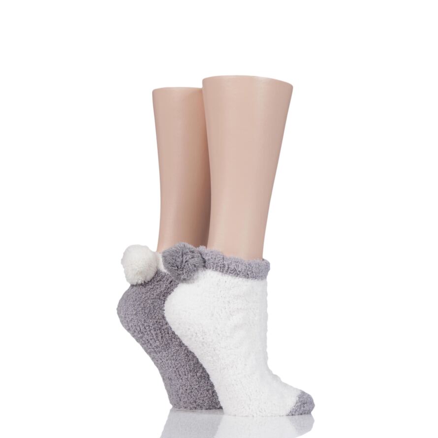 Ladies 2 Pair Elle Cable Cosy Anklet Socks with Pom Poms