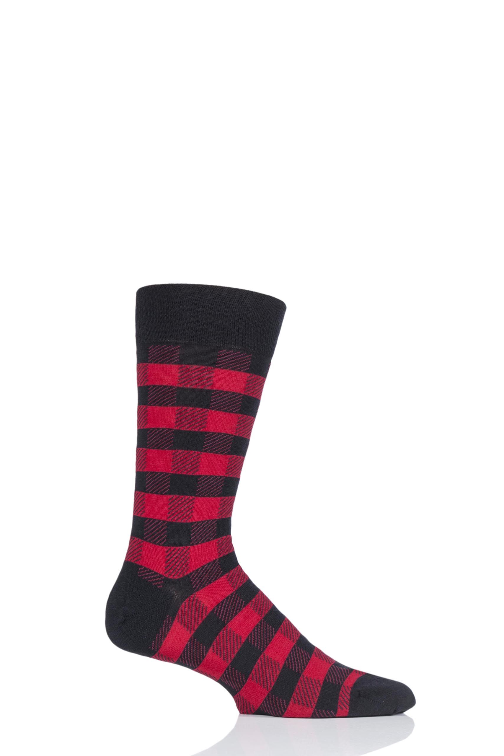 Image of 1 Pair Black / Red Cooper Gingham Check Merino Wool Modern Plus Socks Men's 10-12 Mens - Pantherella