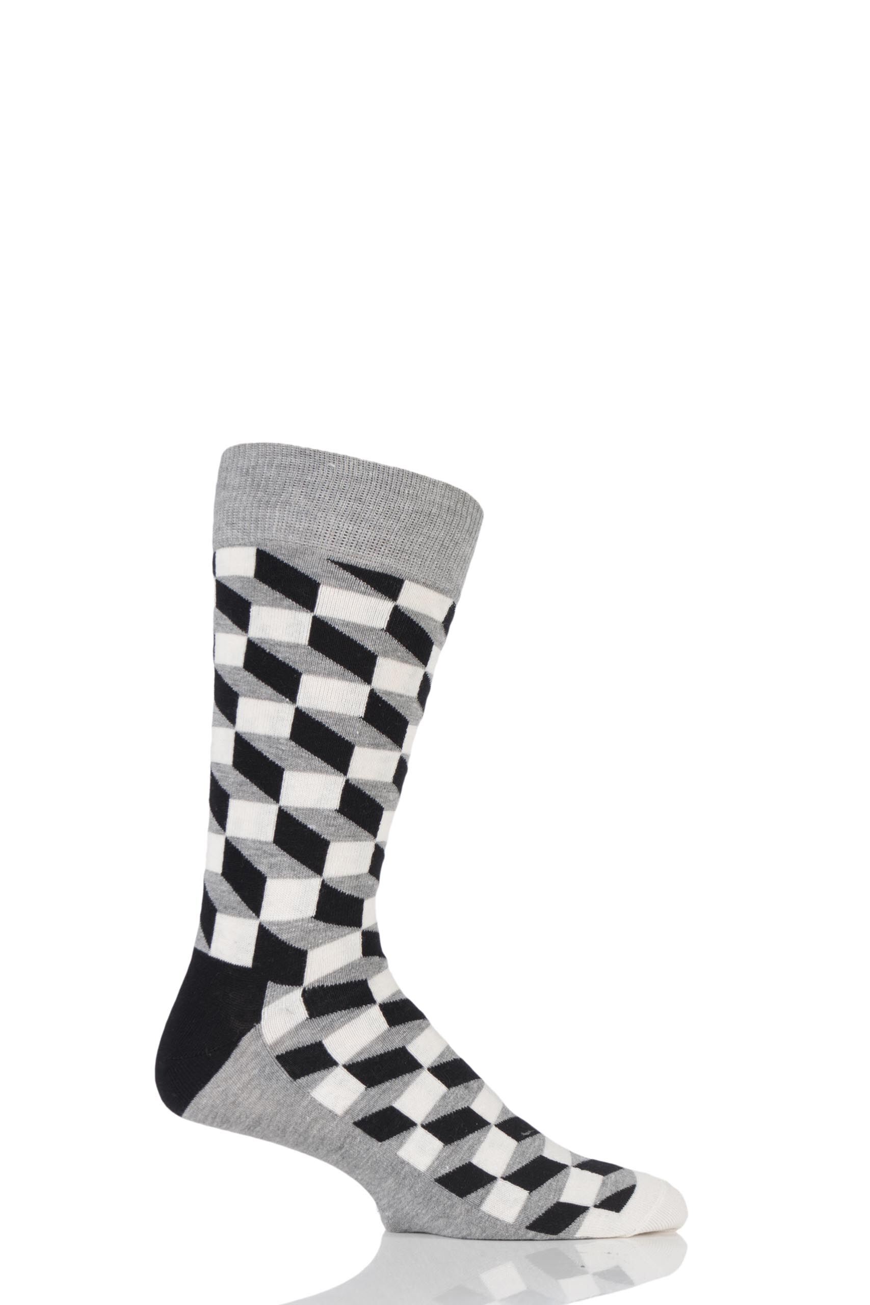 Image of 1 Pair Grey Filled Optic Combed Cotton Socks Unisex 7.5-11.5 Unisex - Happy Socks