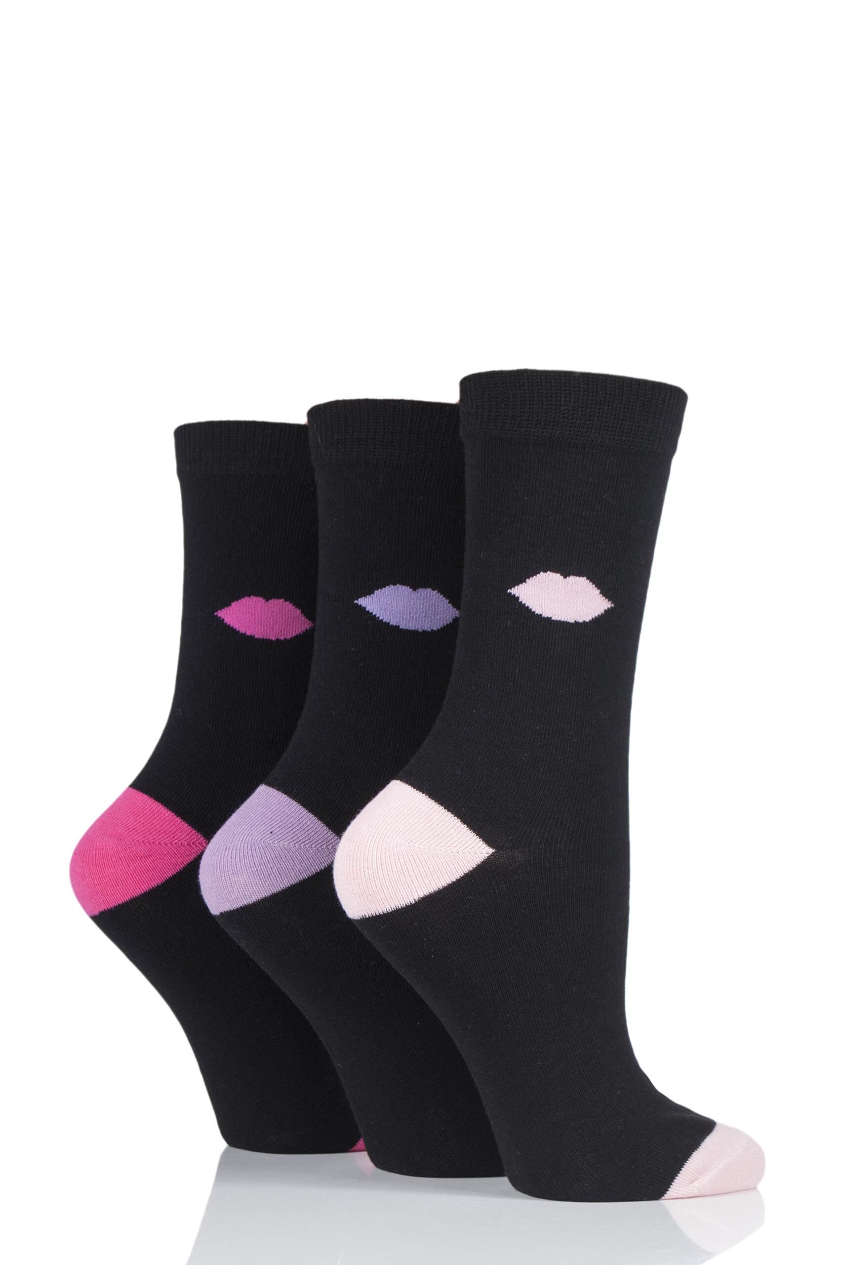 Image of 3 Pair Black Kisses Cotton Socks Ladies 4-8 Ladies - Lulu Guinness