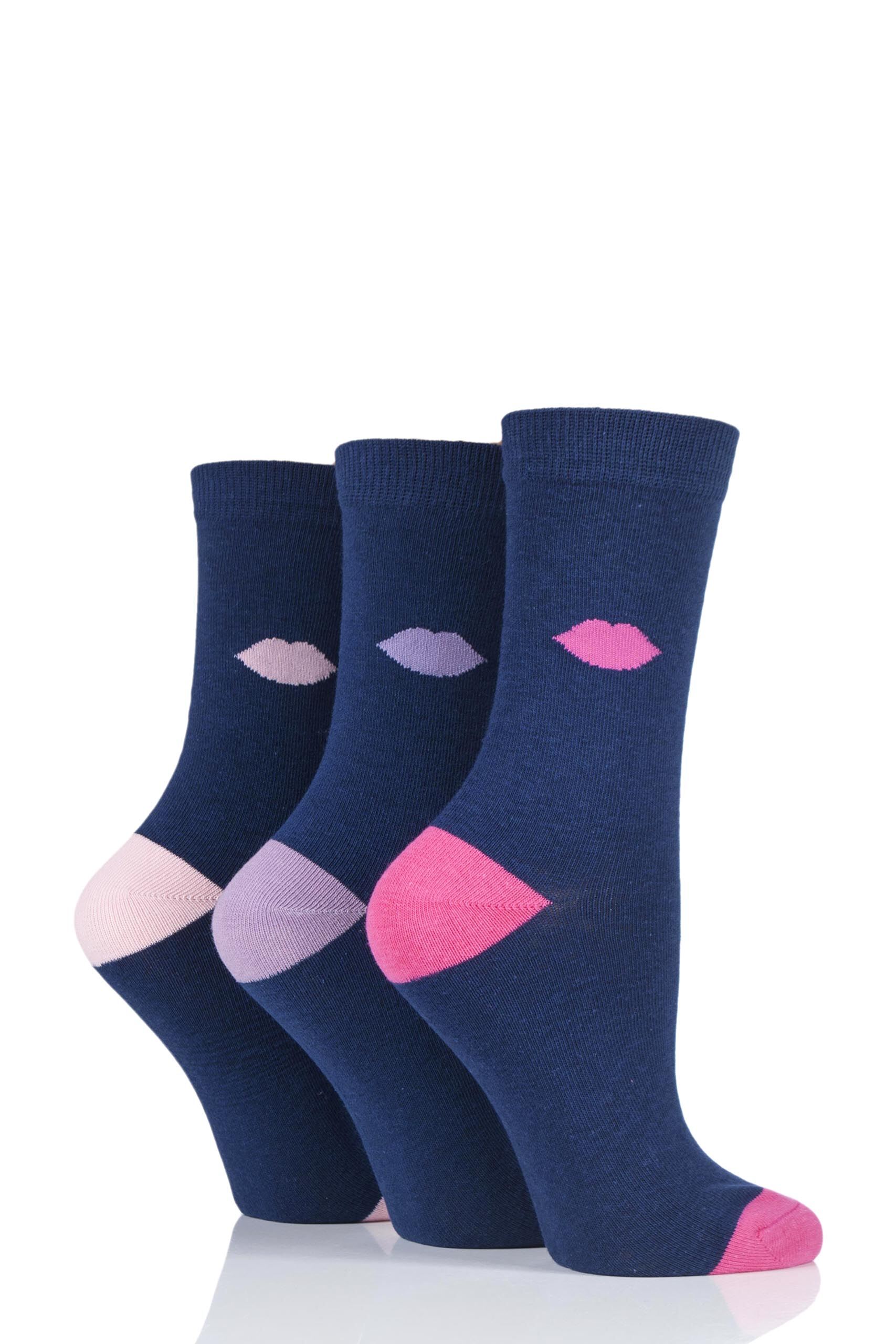 Image of 3 Pair Navy Kisses Cotton Socks Ladies 4-8 Ladies - Lulu Guinness