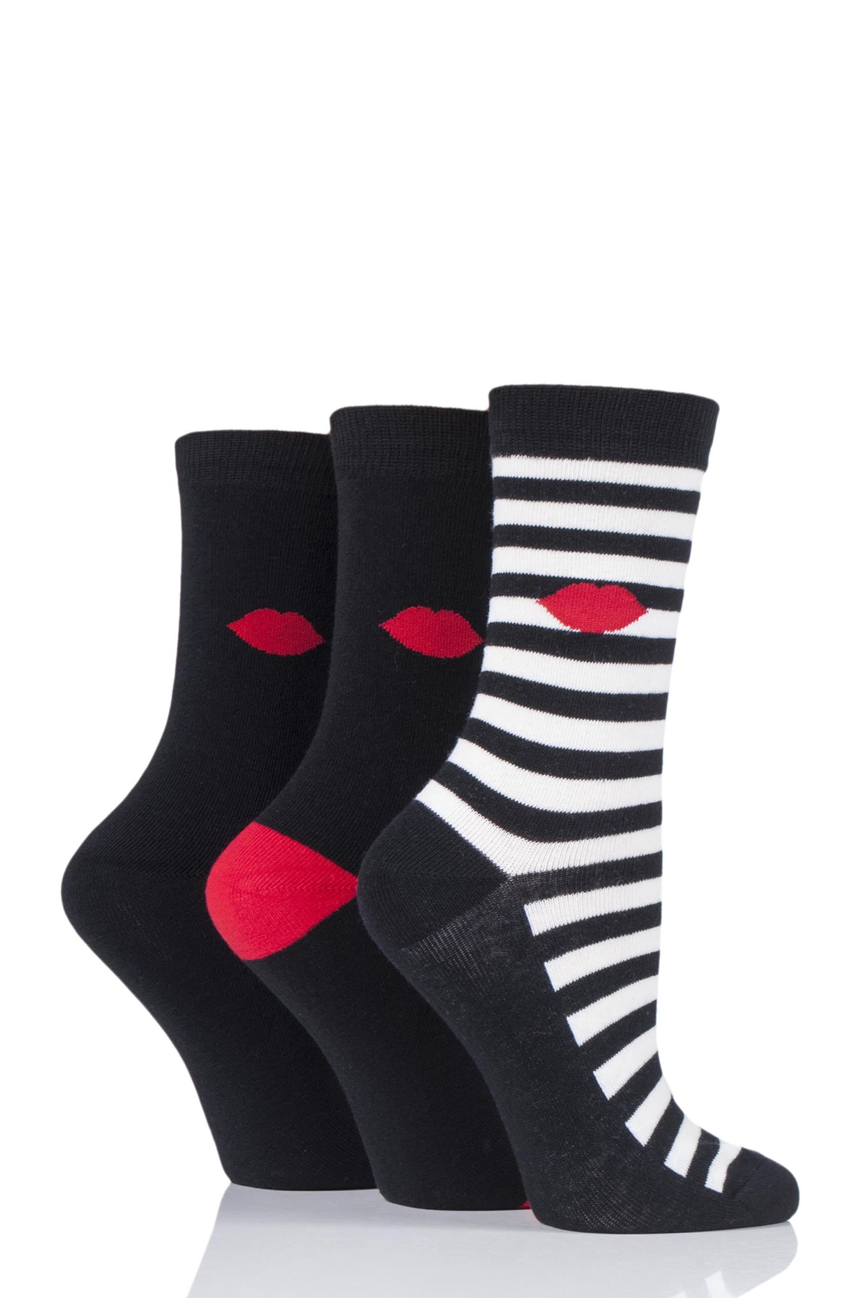 Image of 3 Pair Black Stripe Kisses Cotton Socks Ladies 4-8 Ladies - Lulu Guinness