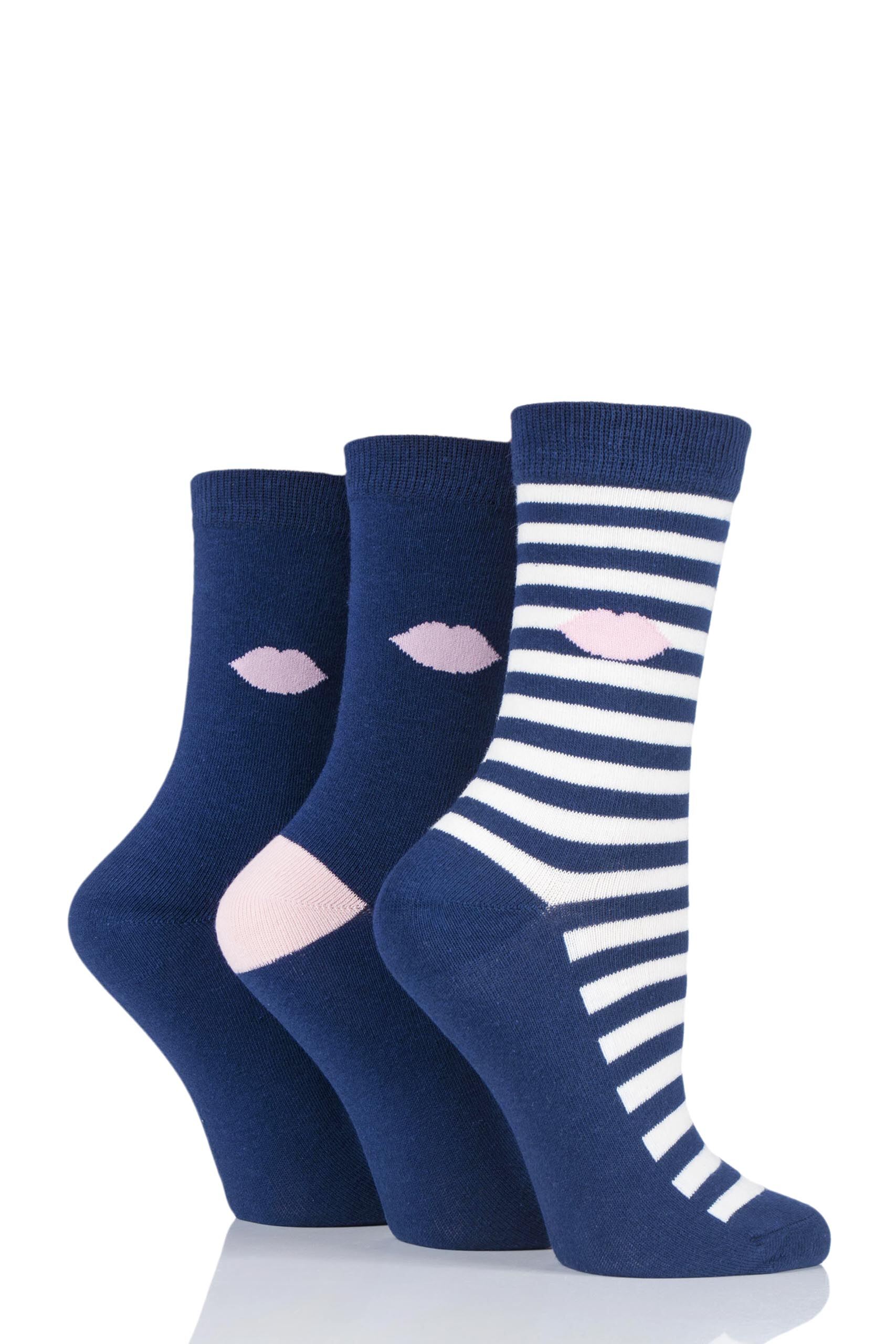 Image of 3 Pair Navy Stripe Kisses Cotton Socks Ladies 4-8 Ladies - Lulu Guinness