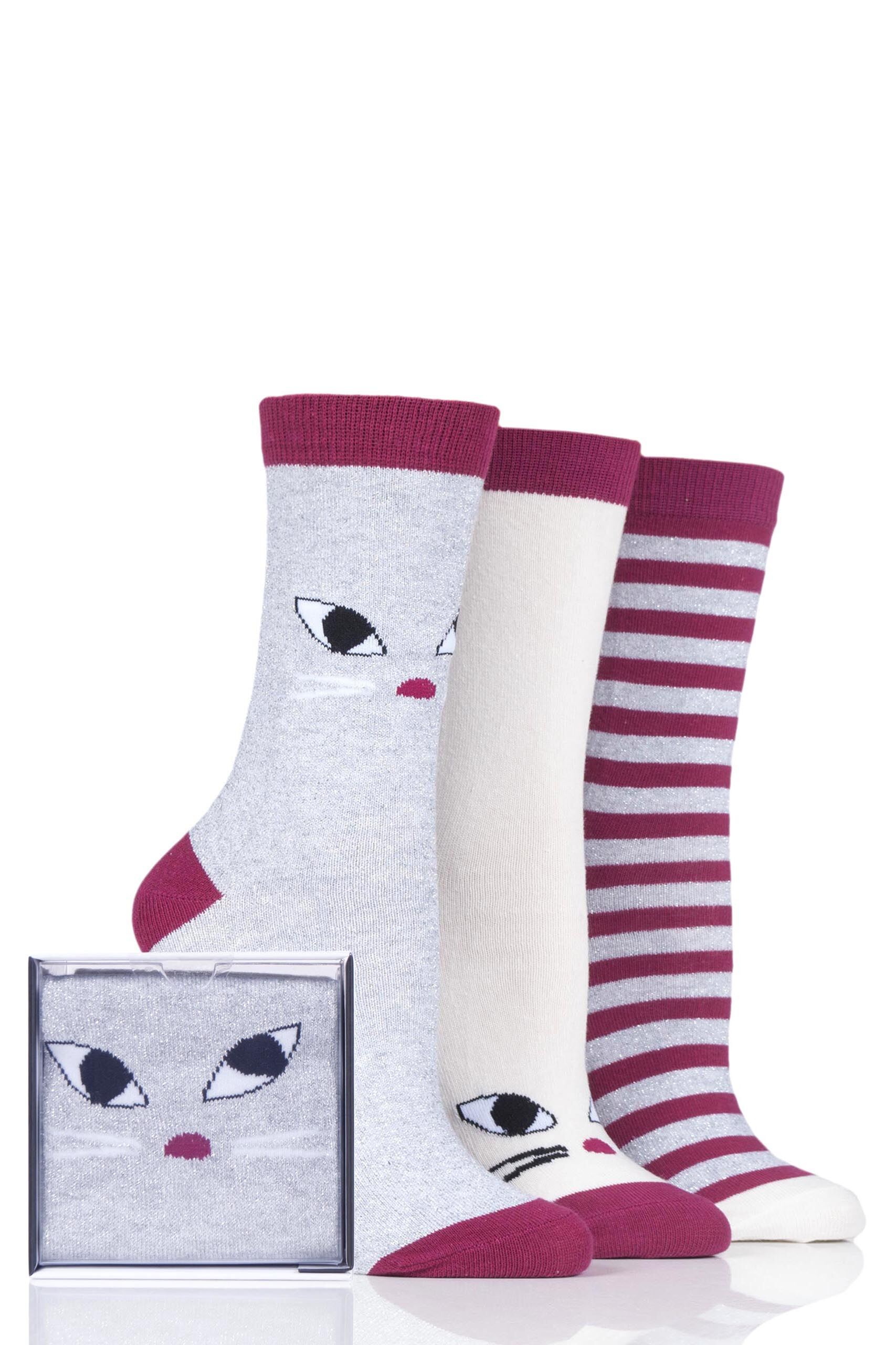 Image of 3 Pair White / Grey Gift Boxed Kiss and Cat Socks Ladies 4-8 Ladies - Lulu Guinness