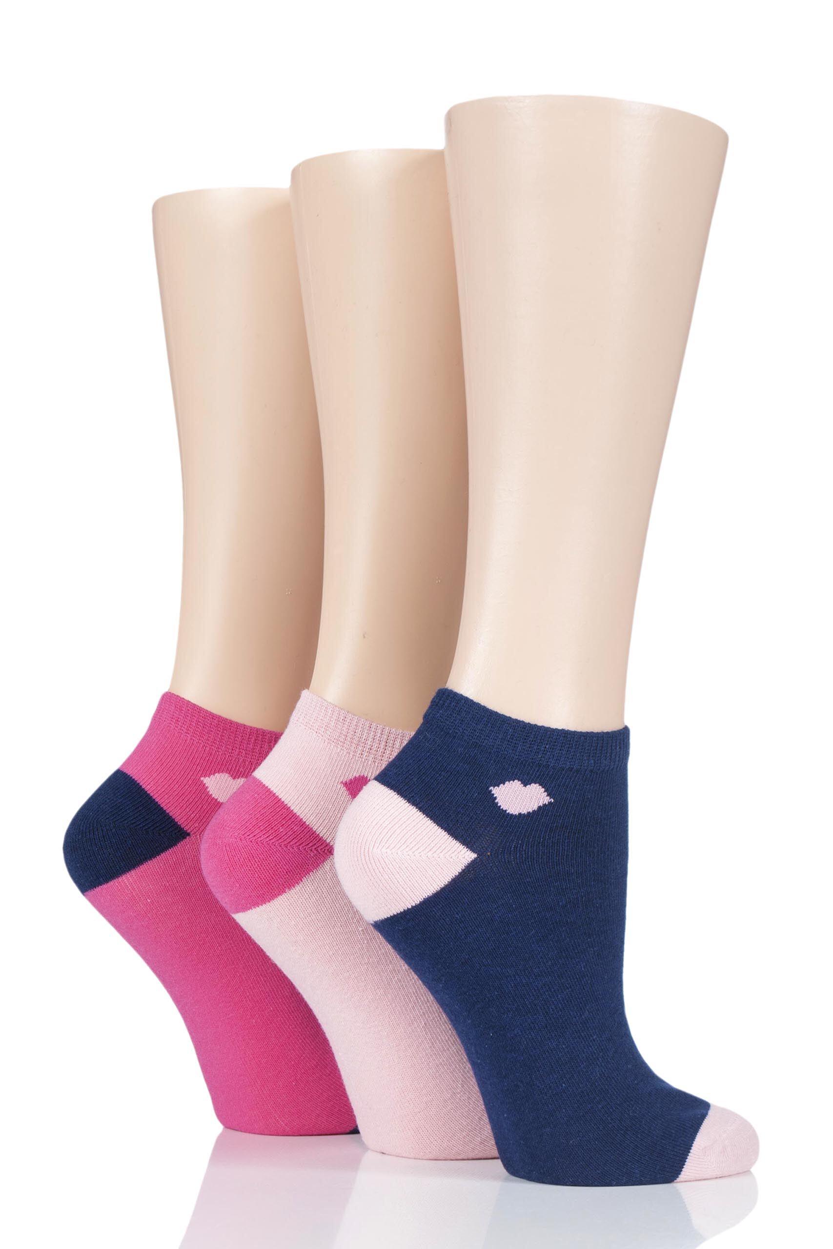 Image of Ladies 3 Pair LuLu Guinness Kisses Cotton Trainer Socks Pink / Navy 4-8 Ladies