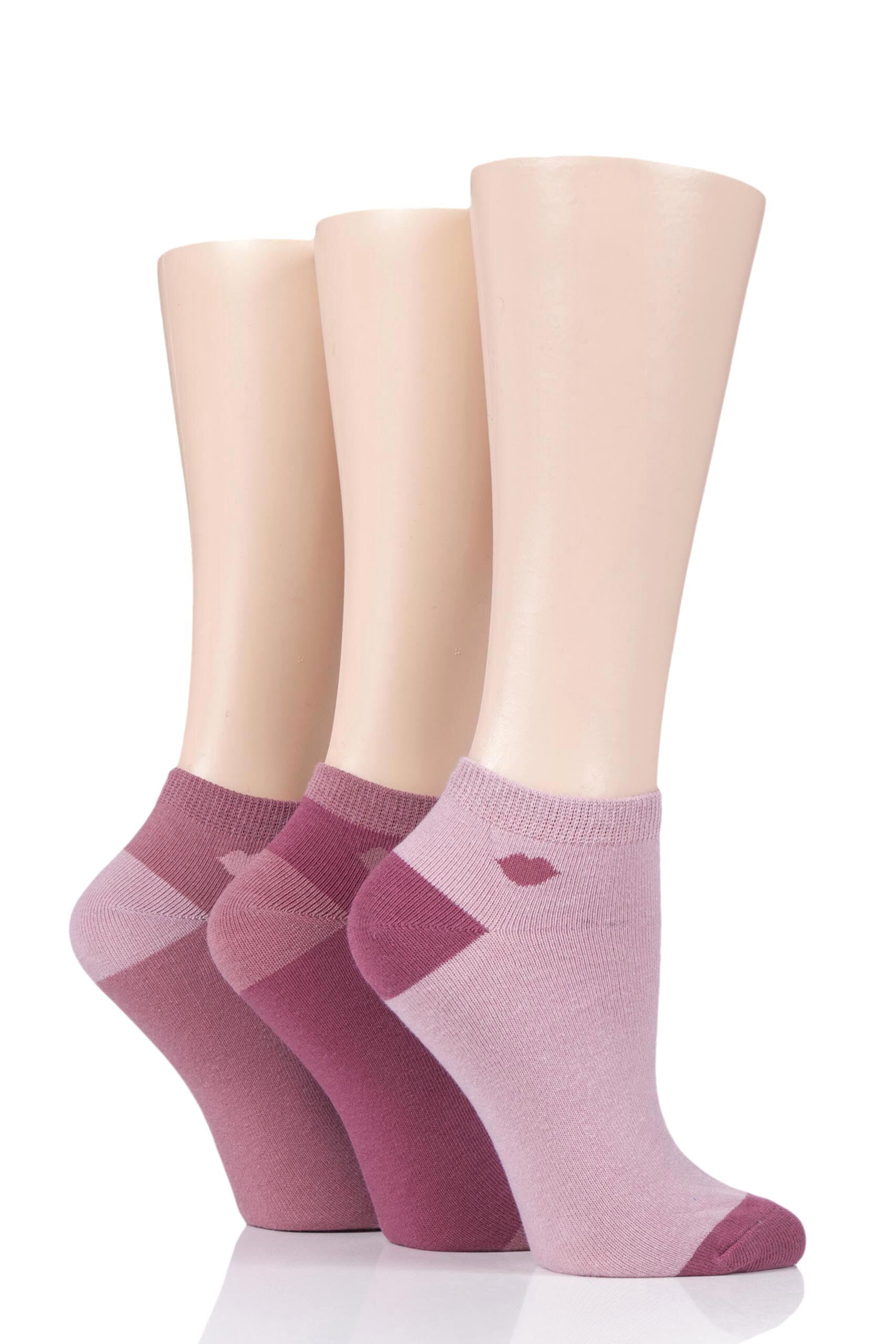 Image of 3 Pair Pink LuLu Guinness Kisses Cotton Trainer Socks Ladies 4-8 Ladies - Lulu Guinness