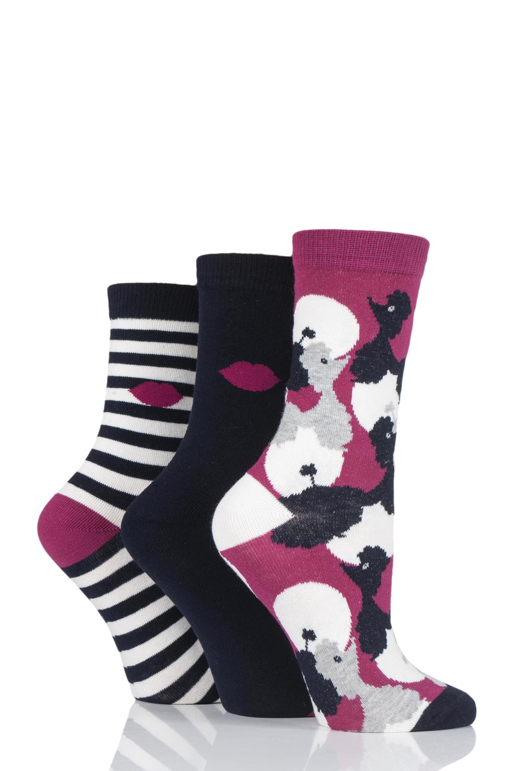 Image of 3 Pair Navy Stripe All Over Poodles Cotton Socks Ladies 4-8 Ladies - Lulu Guinness