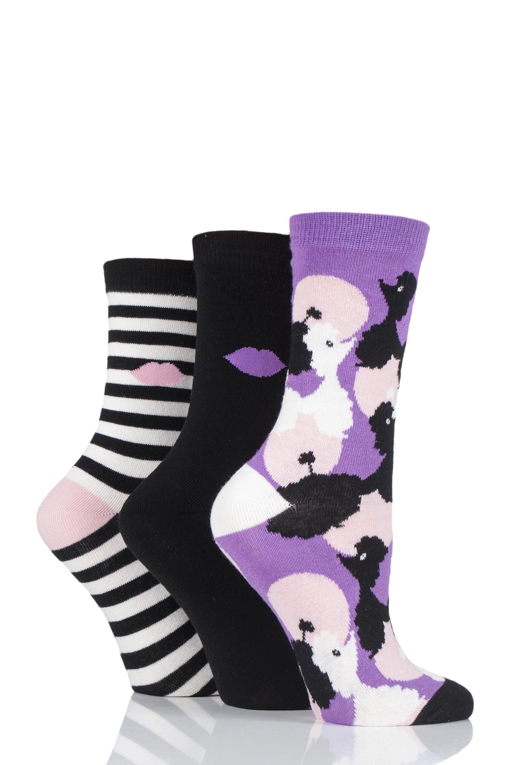 Image of 3 Pair Black All Over Poodles Cotton Socks Ladies 4-8 Ladies - Lulu Guinness