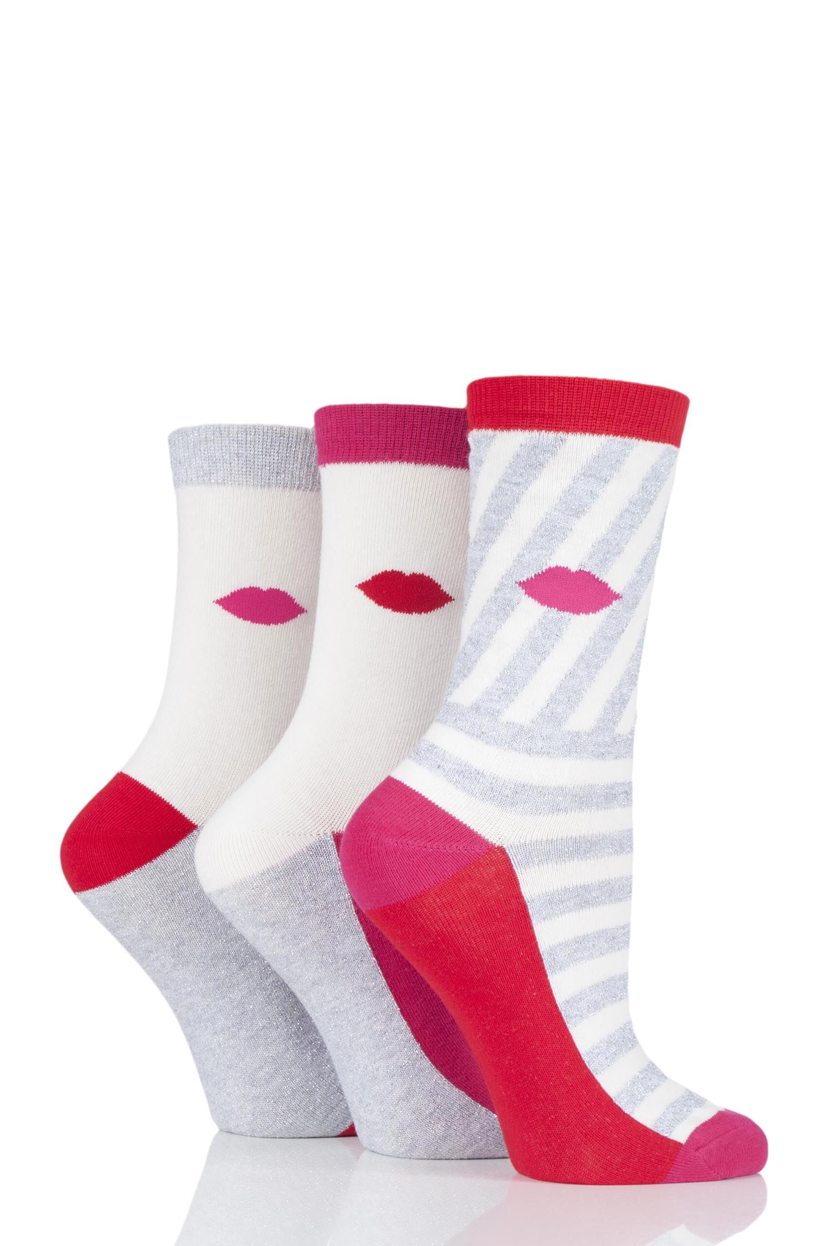 Image of 3 Pair White Lips and Broad Stripes Cotton Socks Ladies 4-8 Ladies - Lulu Guinness