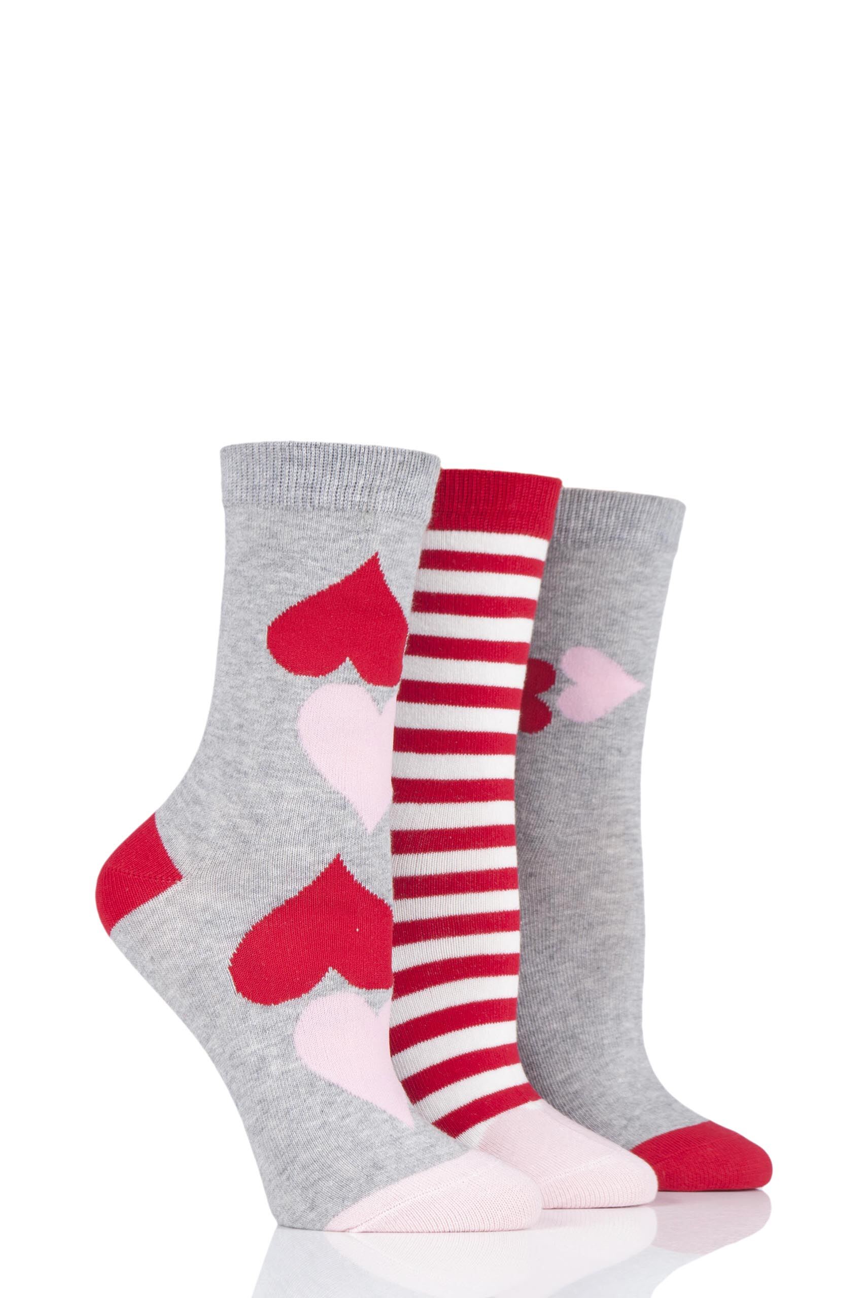 Image of 3 Pair Grey Hearts Cotton Socks Ladies 4-8 Ladies - Lulu Guinness