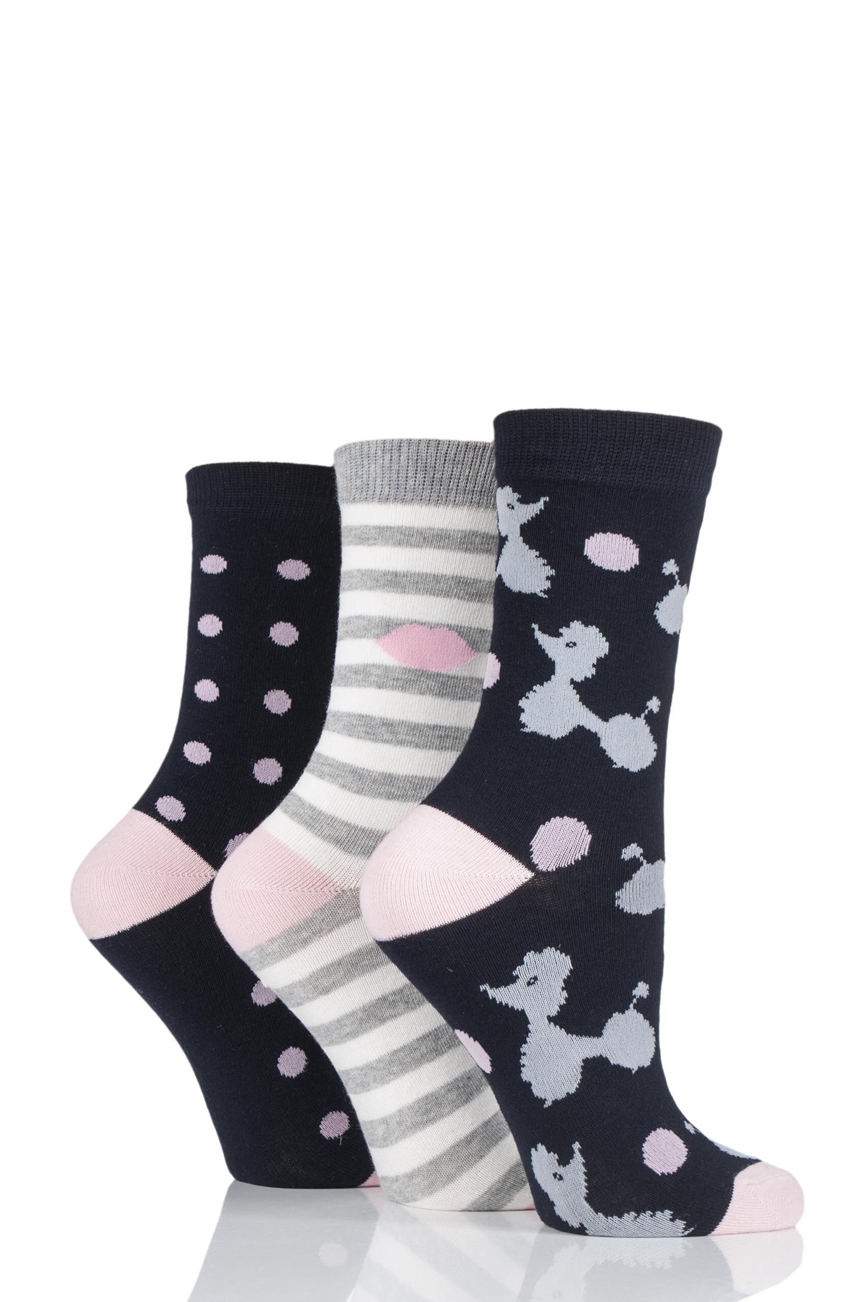 Image of 3 Pair Navy Poodles Stripes and Dots Cotton Socks Ladies 4-8 Ladies - Lulu Guinness