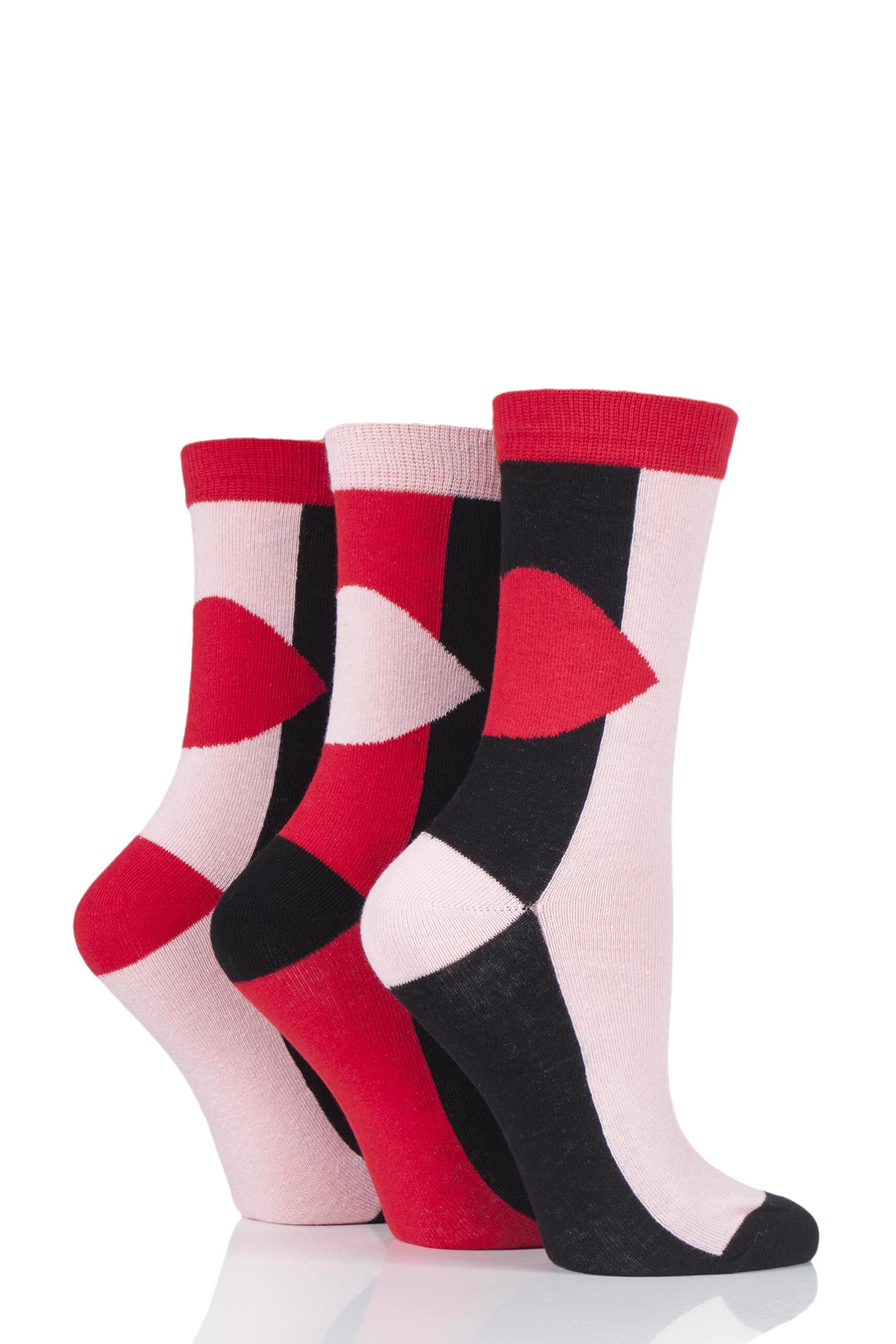 Image of 3 Pair Pink Large Lips Cotton Socks Ladies 4-8 Ladies - Lulu Guinness