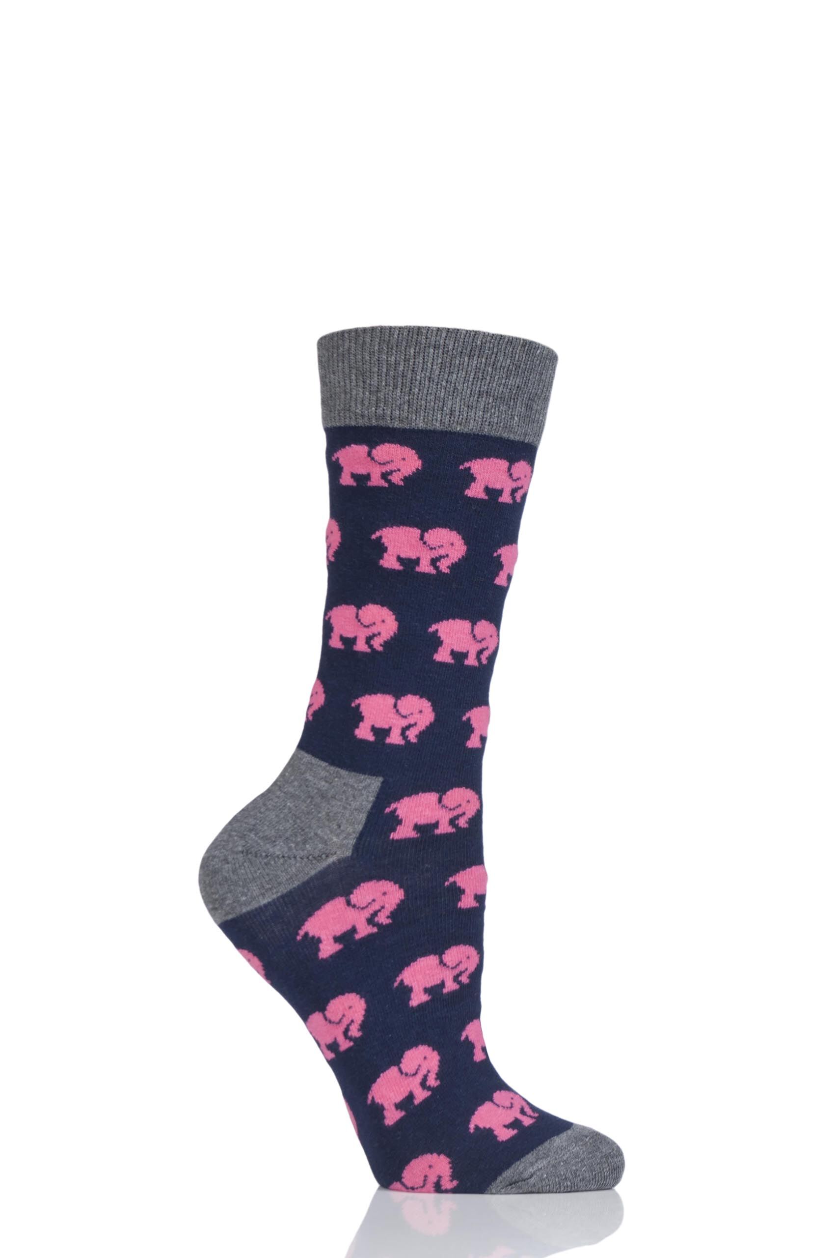 Image of 1 Pair Navy Animal Design Socks - Elephant Ladies 3-6.5 Ladies - Moustard