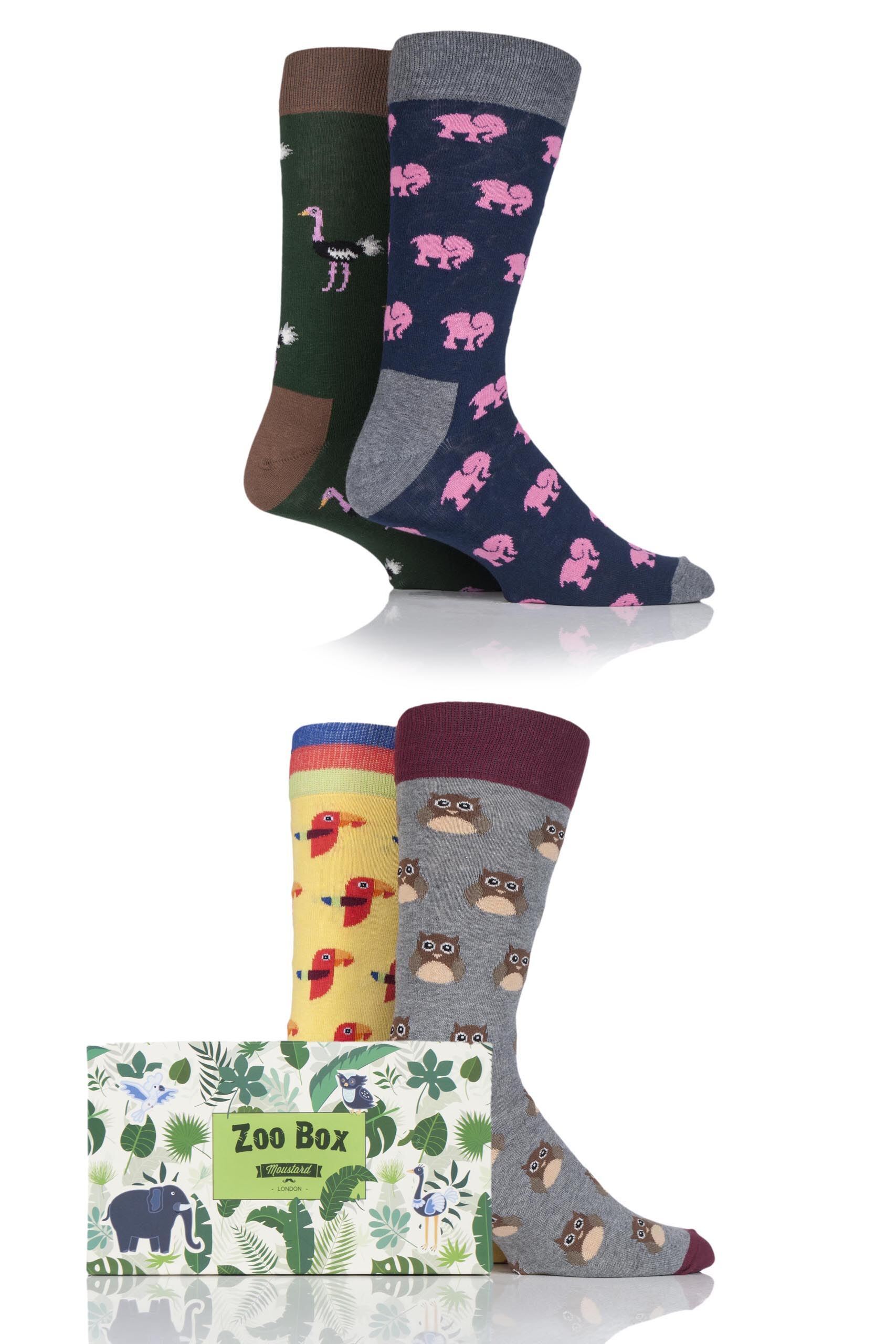 Image of 4 Pair Assorted Animal Design Socks In Gift Box Men's 7.5-11.5 Mens - Moustard