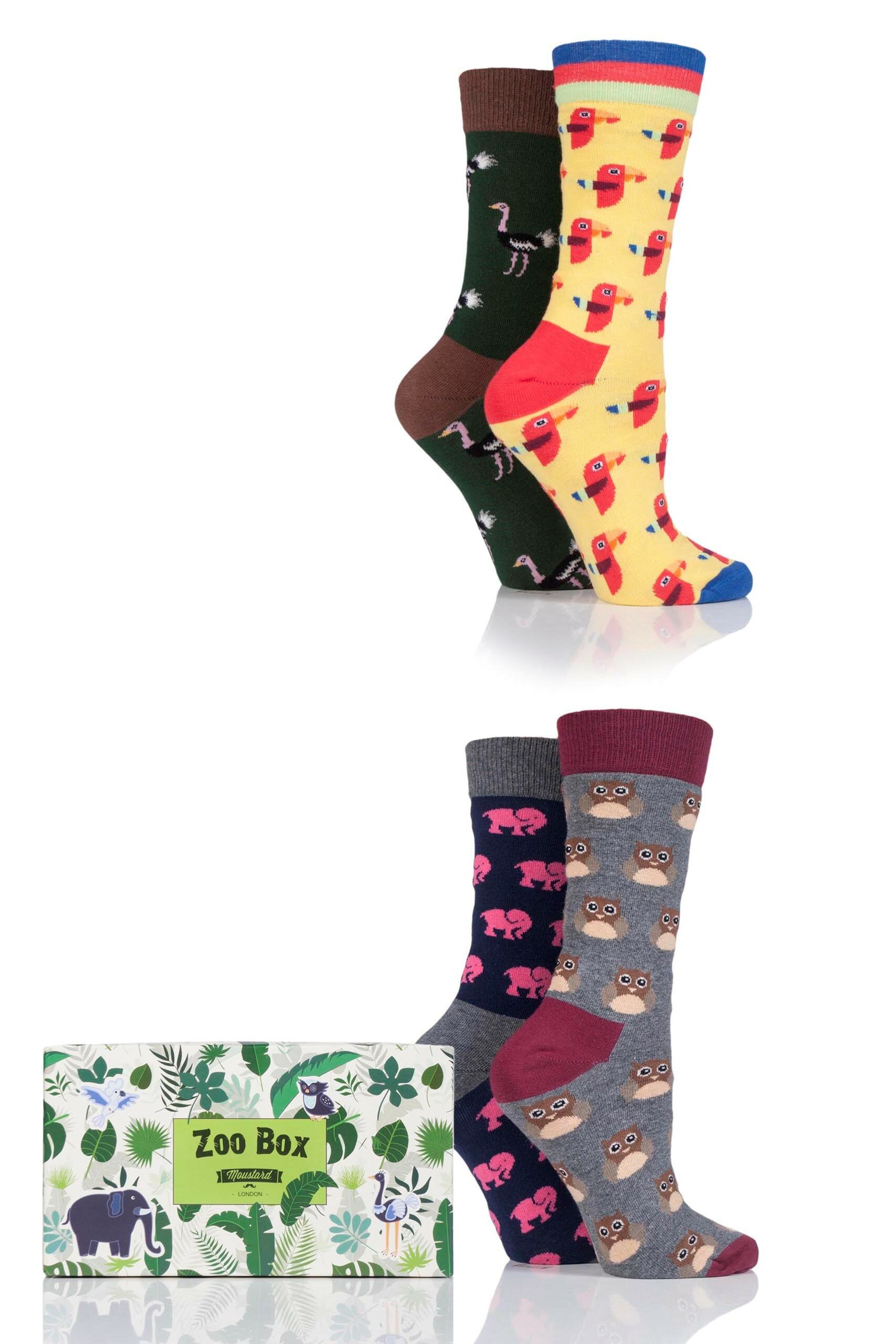 Image of 4 Pair Assorted Animal Design Socks In Gift Box Ladies 3-6.5 Ladies - Moustard