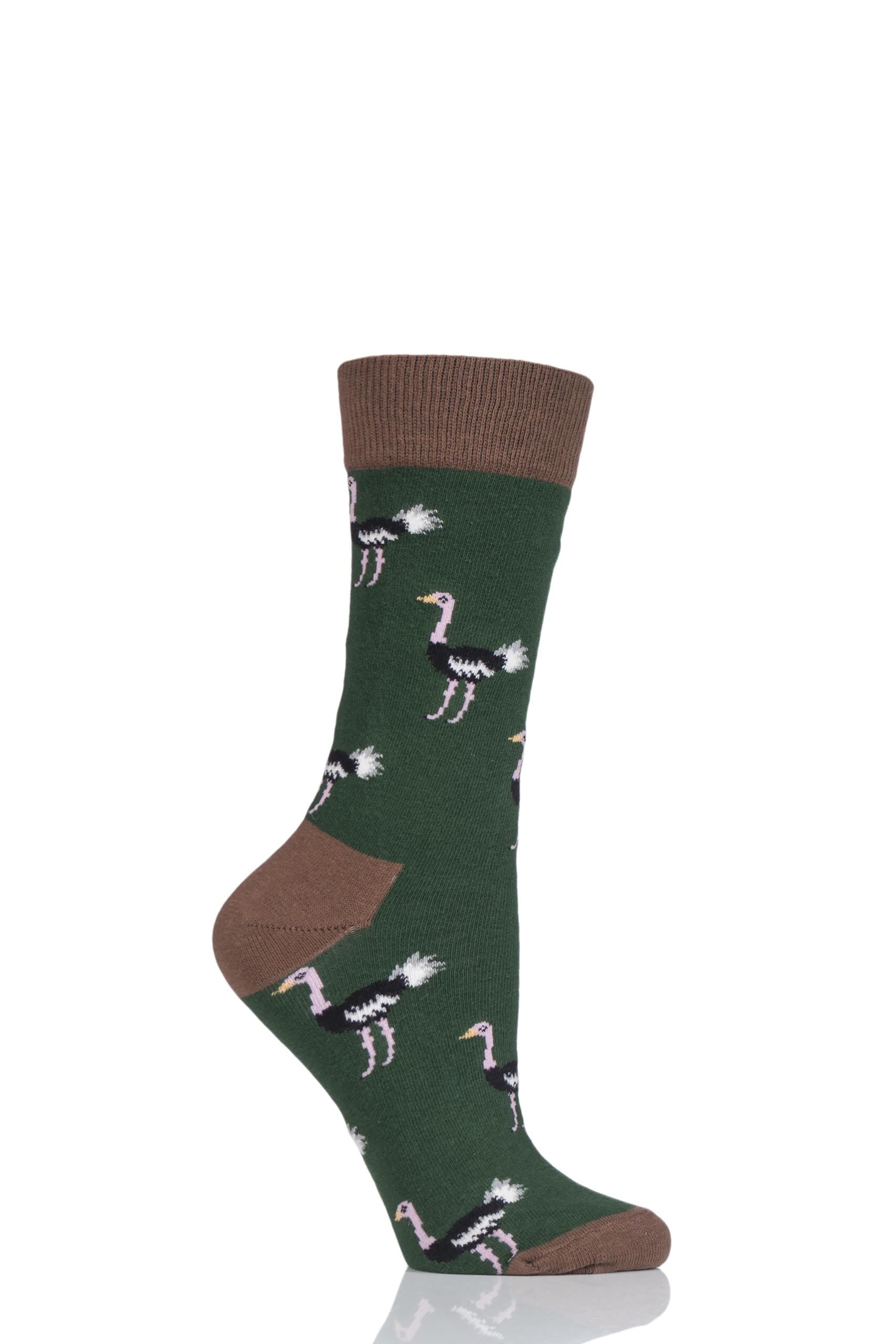 Image of 1 Pair Green Animal Design Socks - Ostrich Ladies 3-6.5 Ladies - Moustard