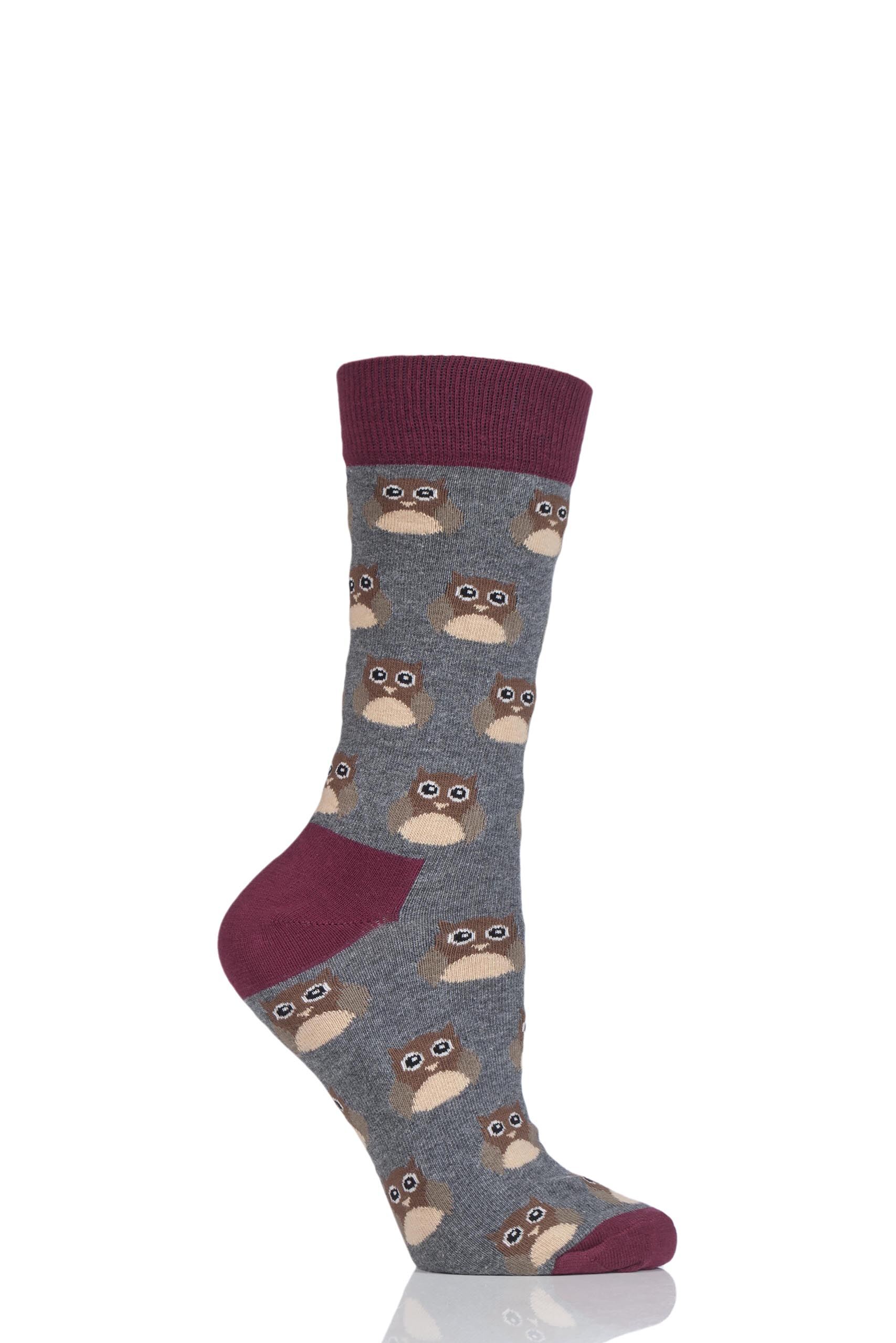 Image of 1 Pair Grey Animal Design Socks - Owl Ladies 3-6.5 Ladies - Moustard