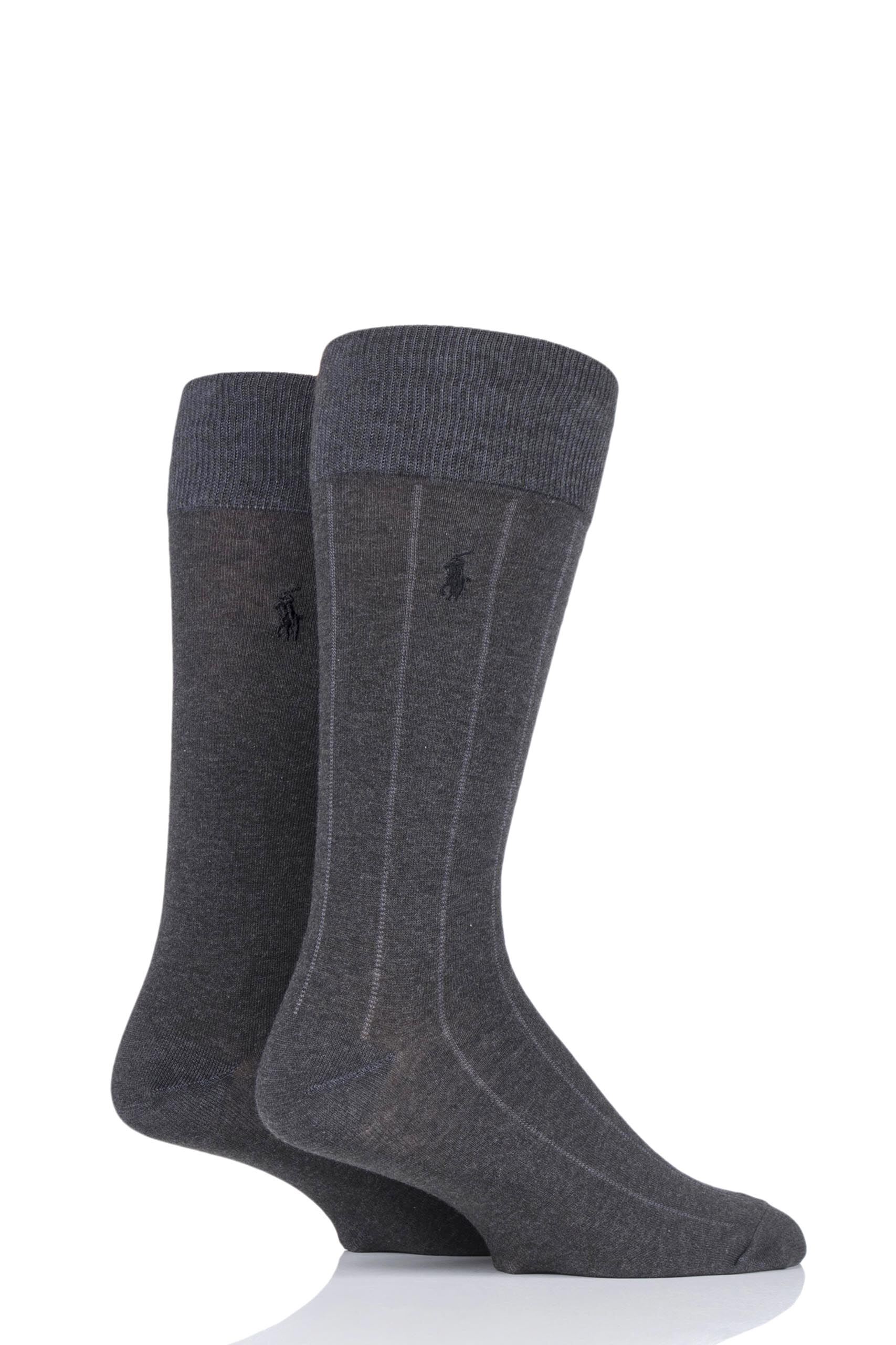 Image of 2 Pair Charcoal Cotton Vertical Stripe and Plain Socks Men's 6-11 Mens - Ralph Lauren