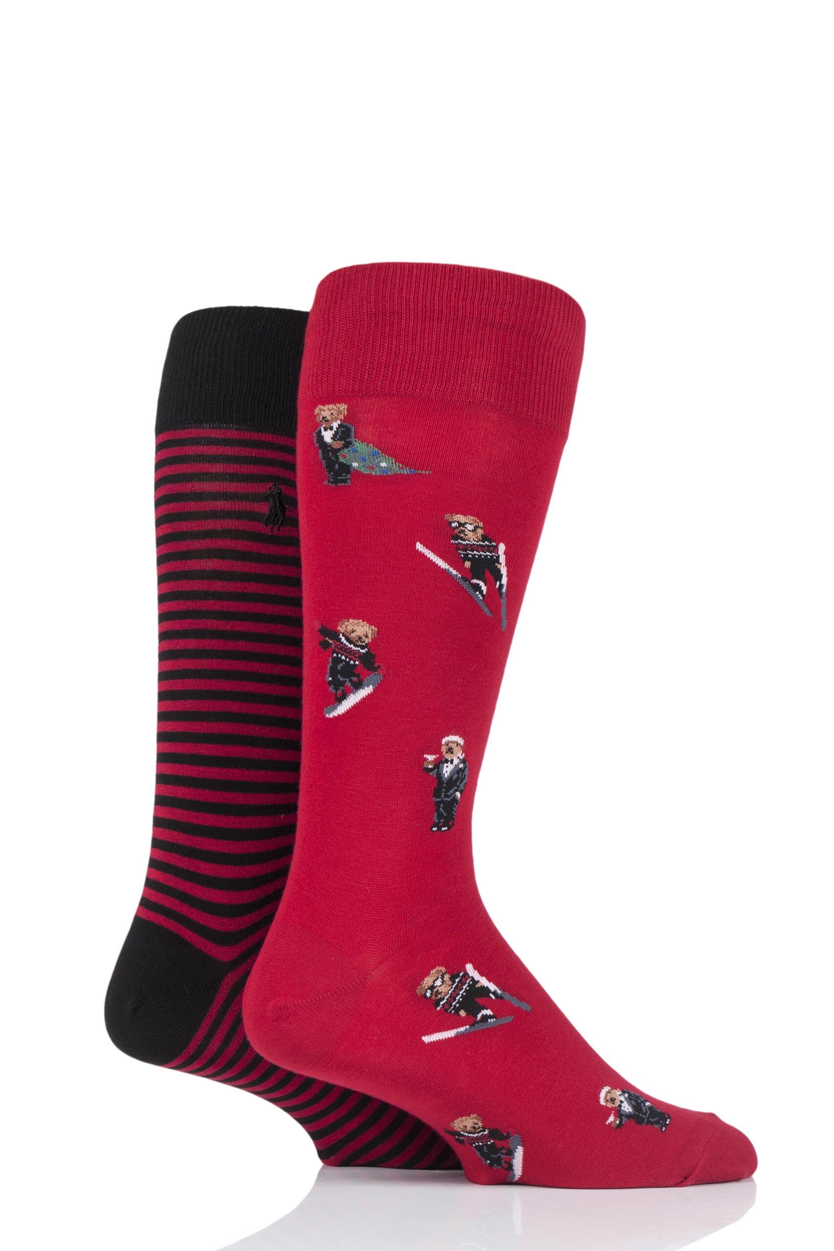 Image of 2 Pair Red Snow Bear Cotton Socks Men's 6-11 Mens - Ralph Lauren