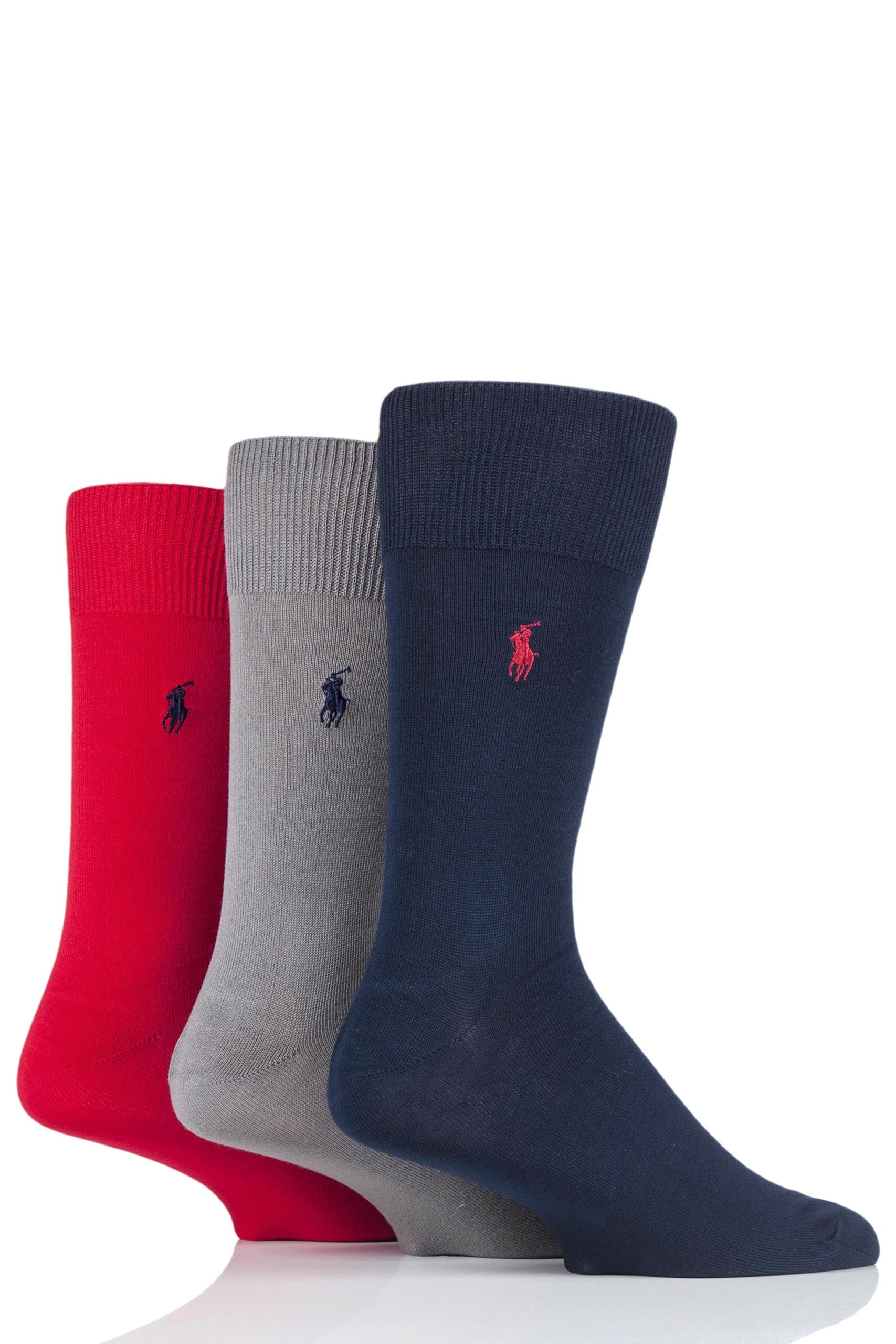 Image of 3 Pair Cr Navy/ Perf Grey/ Rl Red Mercerized Cotton Flat Knit Plain Socks Men's 5-8 Mens - Ralph Lauren