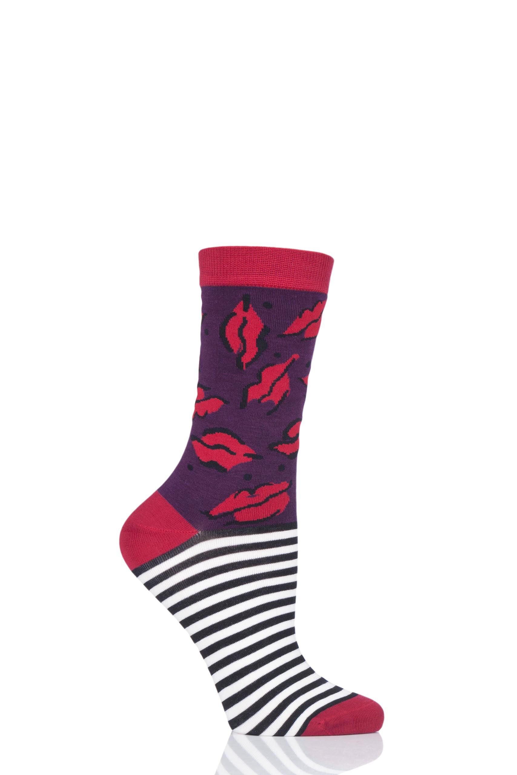 Image of 1 Pair Multi Lips and Stripes Bamboo Socks Ladies 4-8 Ladies - Lulu Guinness