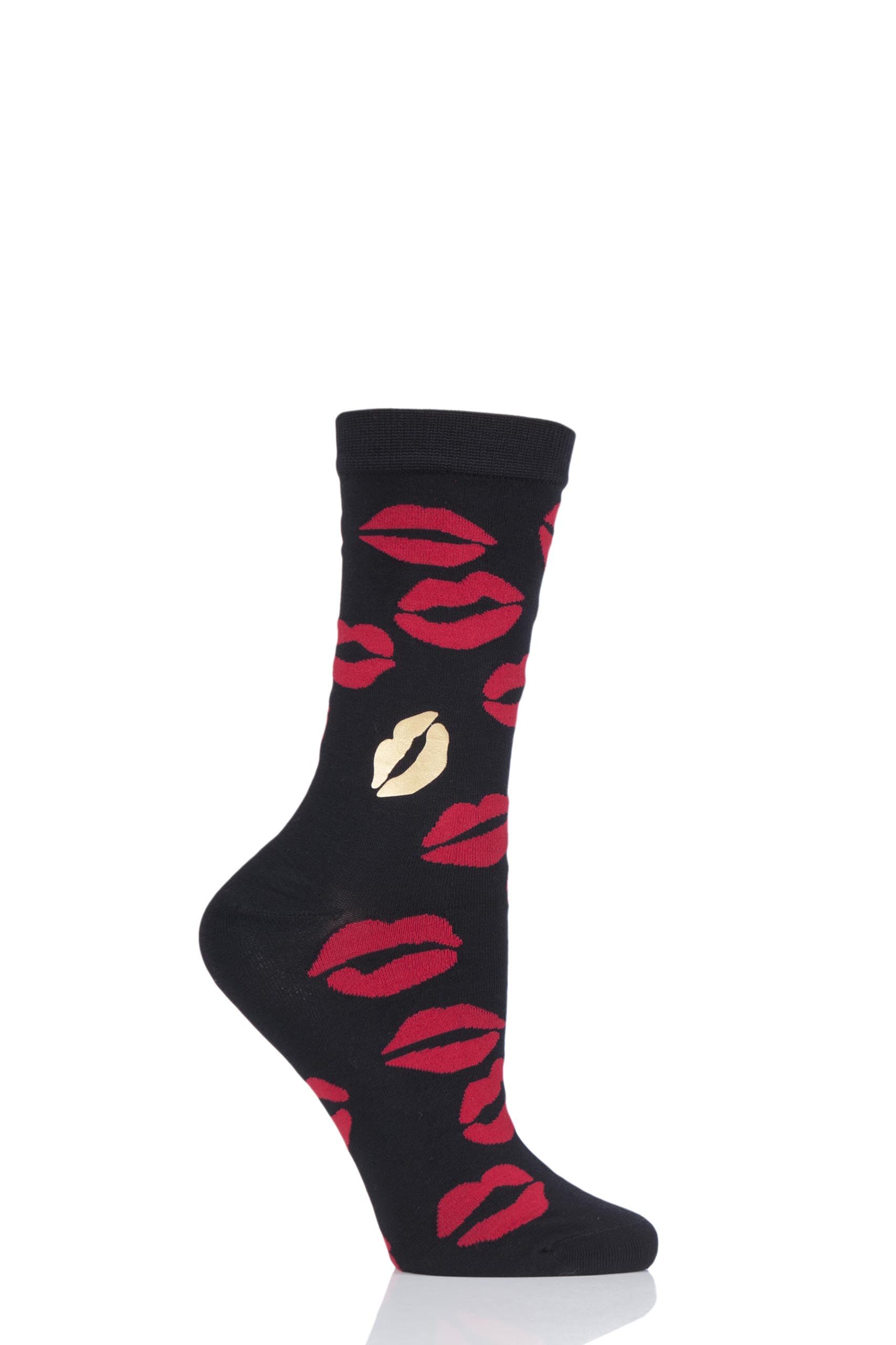 Image of 1 Pair Multi Gold Lips Bamboo Socks Ladies 4-8 Ladies - Lulu Guinness