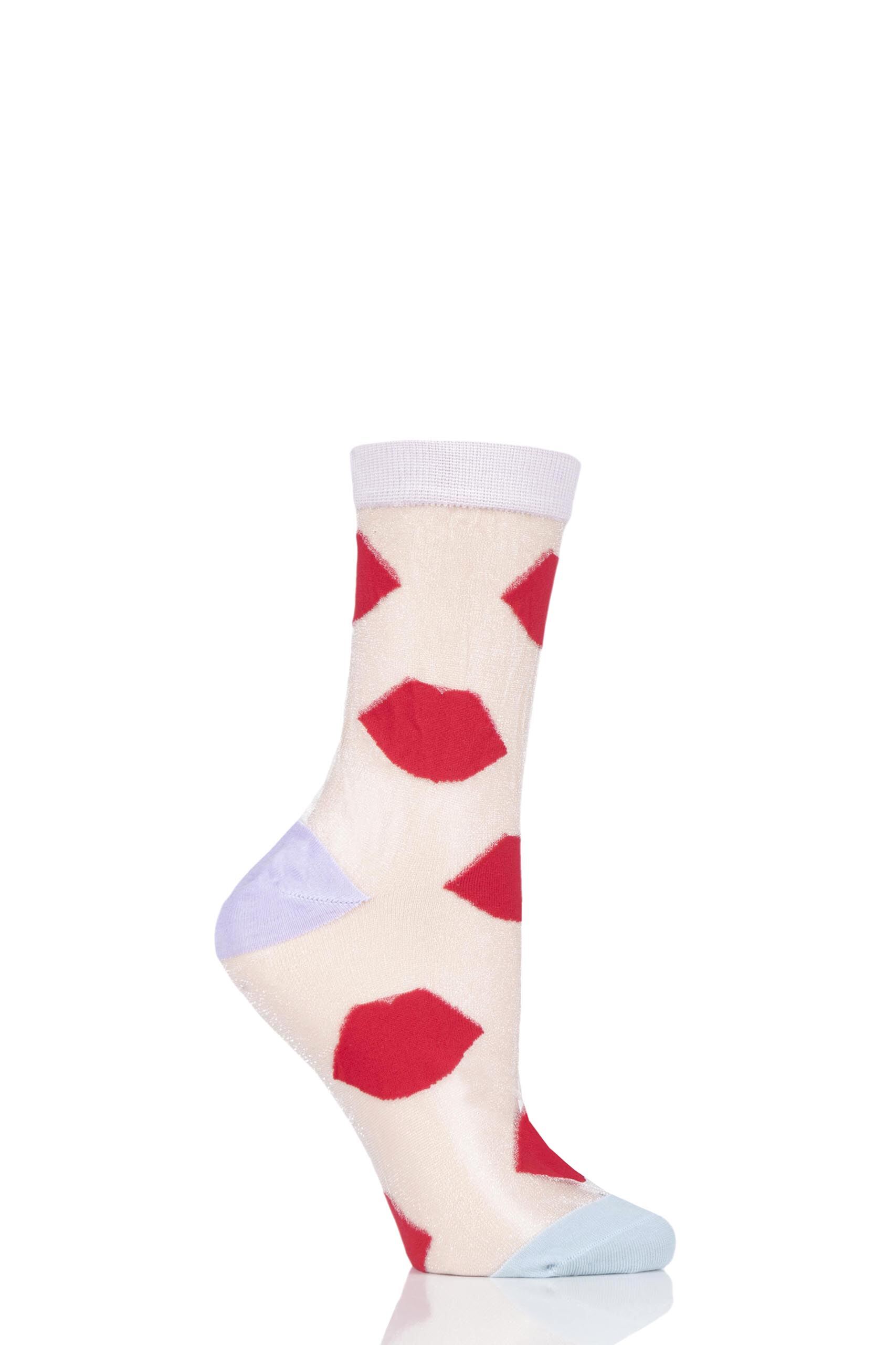 Image of 1 Pair Multi Red Lips on White Bamboo Socks Ladies 4-8 Ladies - Lulu Guinness