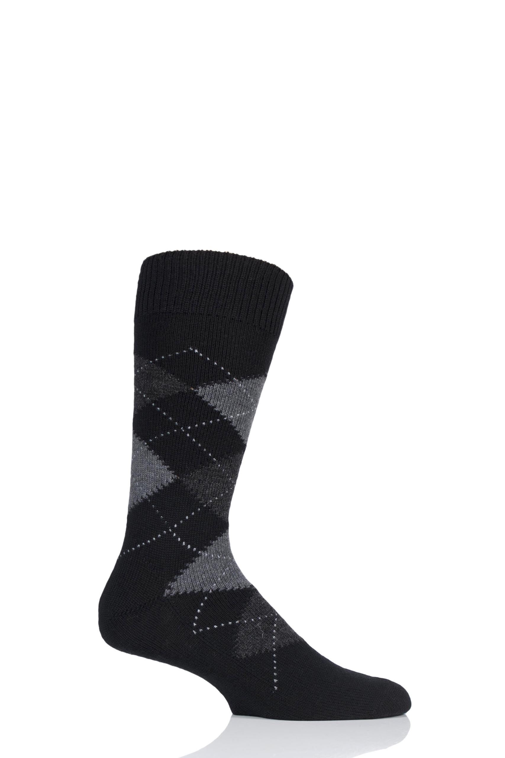 Image of 1 Pair Black Racton Heavy Gauge Merino Wool Argyle Socks Men's 7.5-9.5 Mens - Pantherella