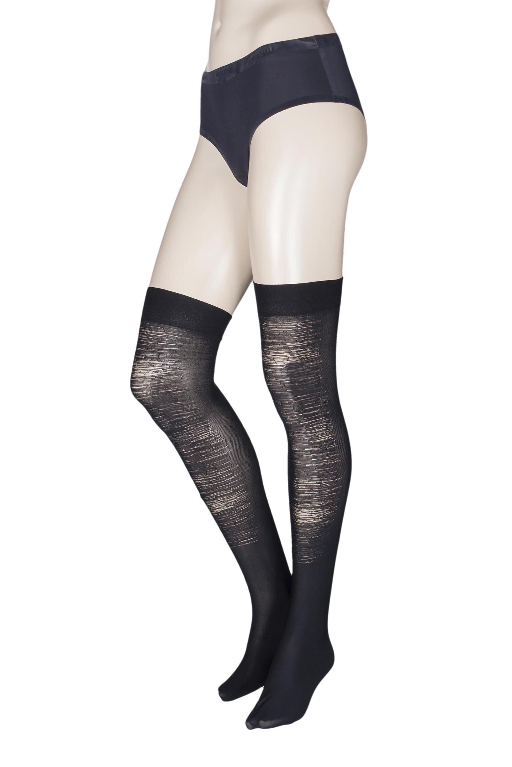 Image of 1 Pair Black Brachetto Distressed Look Over the Knee Socks Ladies One Size - Trasparenze