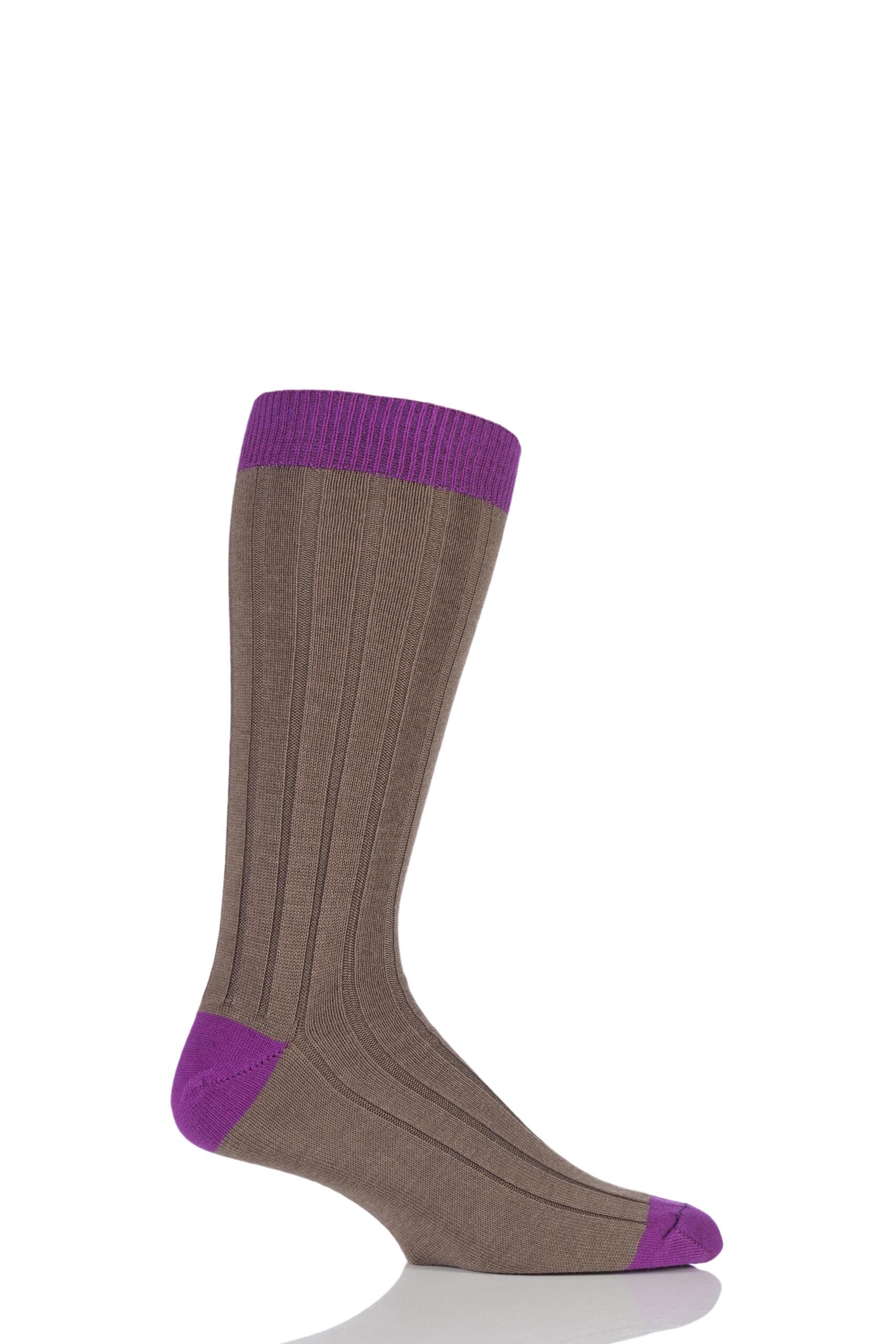 Image of 1 Pair Camel / Loganberry of London 85% Cashmere Contrast Top Heel and Toe Ribbed Long Calf Socks Men's 7-11 Mens - SOCKSHOP of London