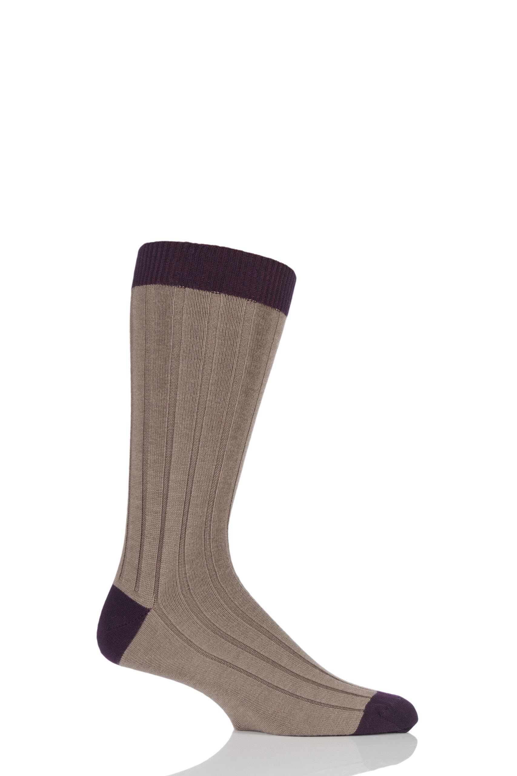 Image of 1 Pair Camel / Purple of London 85% Cashmere Contrast Top Heel and Toe Ribbed Long Calf Socks Men's 7-11 Mens - SOCKSHOP of London