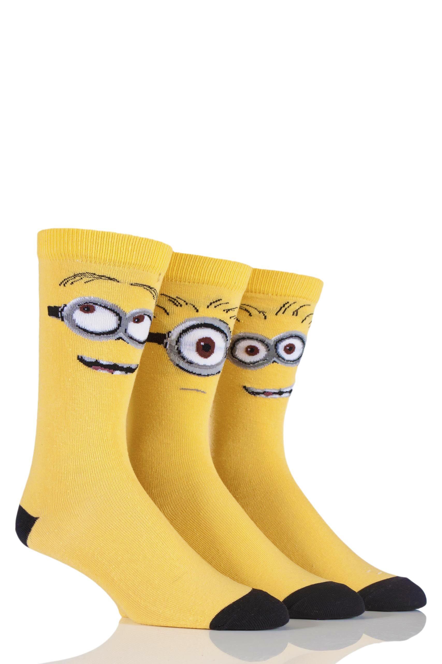 Image of 3 Pair Yellow Despicable Me Minions Faces Cotton Socks Men's 6-11 Mens - Film & TV Characters