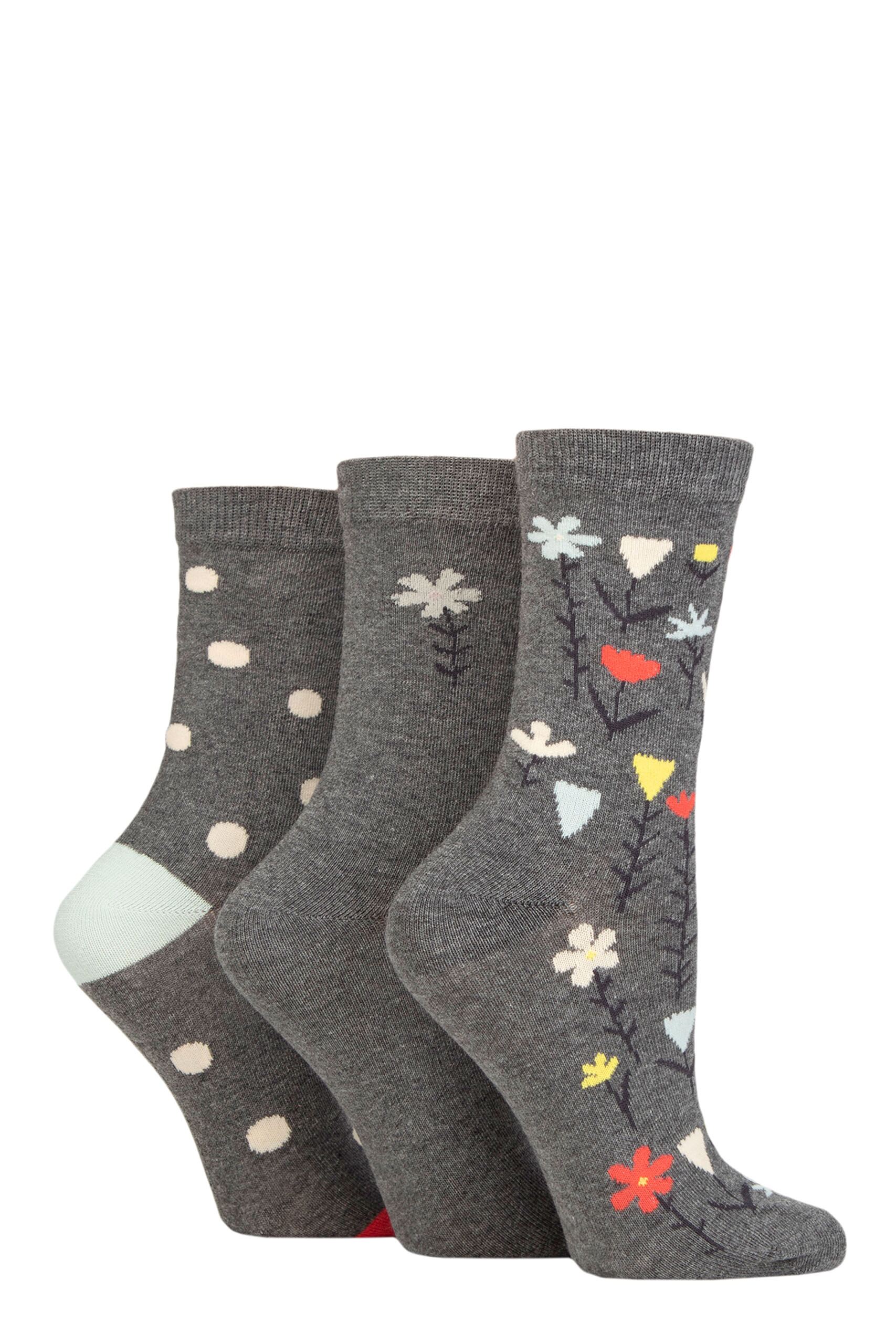 Ladies 3 Pair Caroline Gardner Patterned Cotton Socks Floral Charcoal UK 4-8