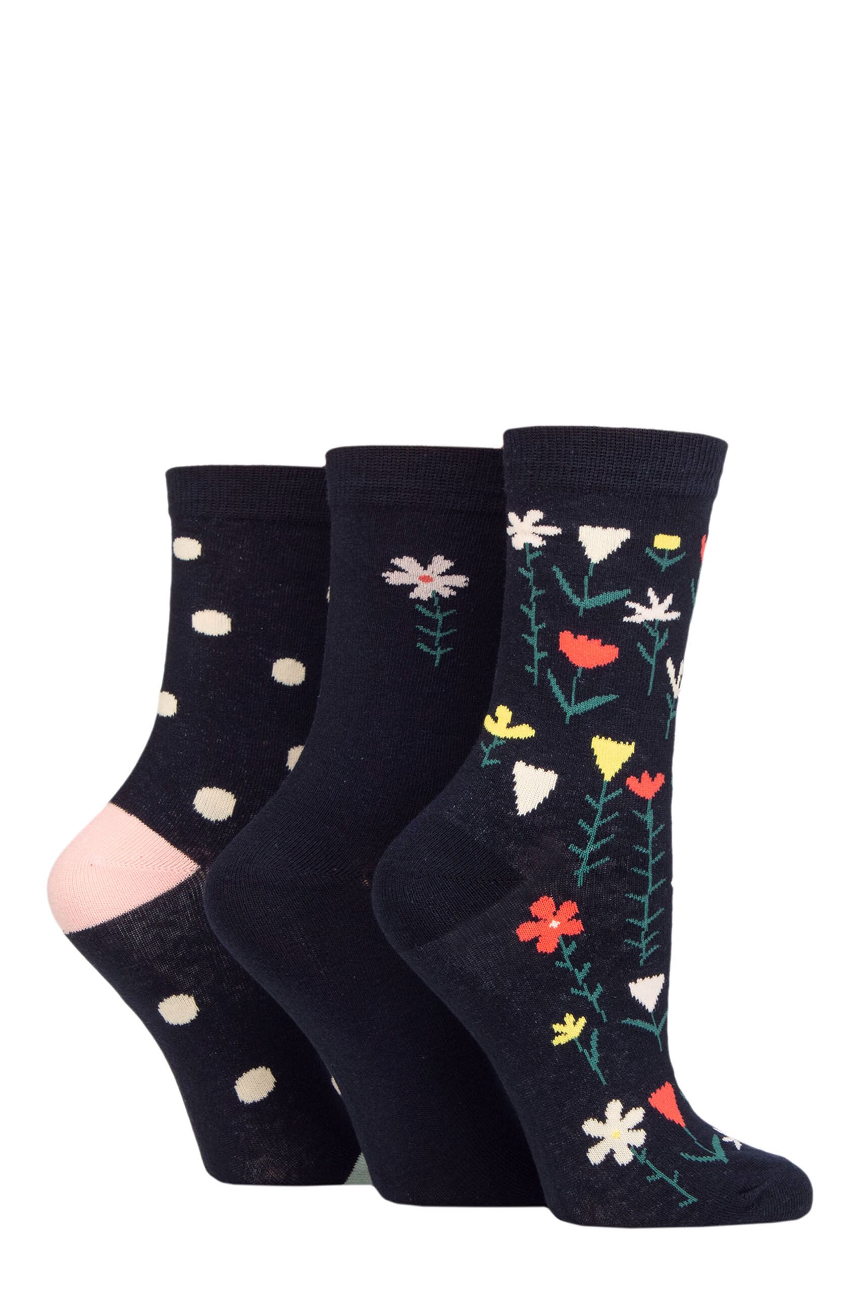 Ladies 3 Pair Caroline Gardner Patterned Cotton Socks Floral Navy UK 4-8