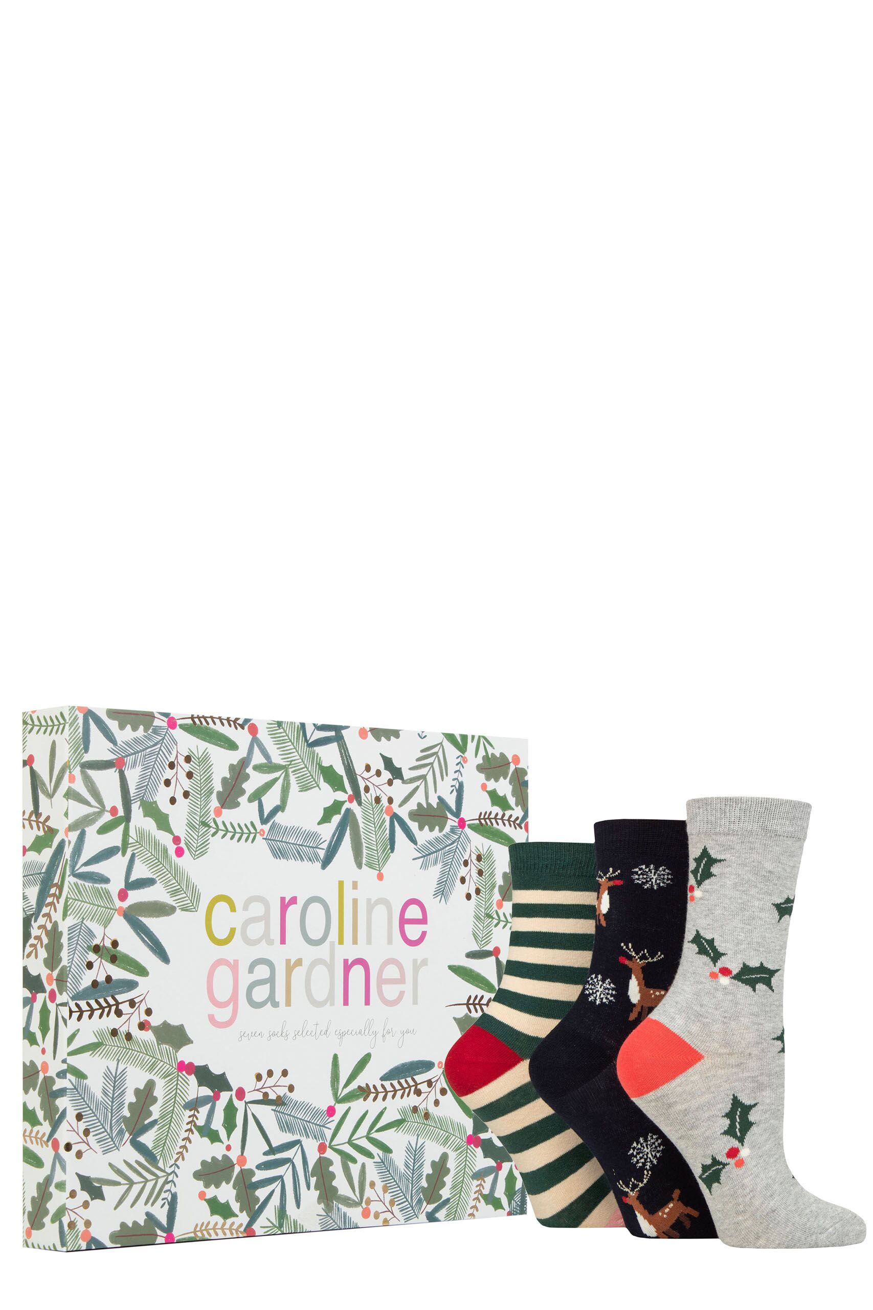 Ladies 7 Pair Caroline Gardner 7 Day Christmas Foliage Gift Cotton Boxed Socks Multi 4-8 Ladies