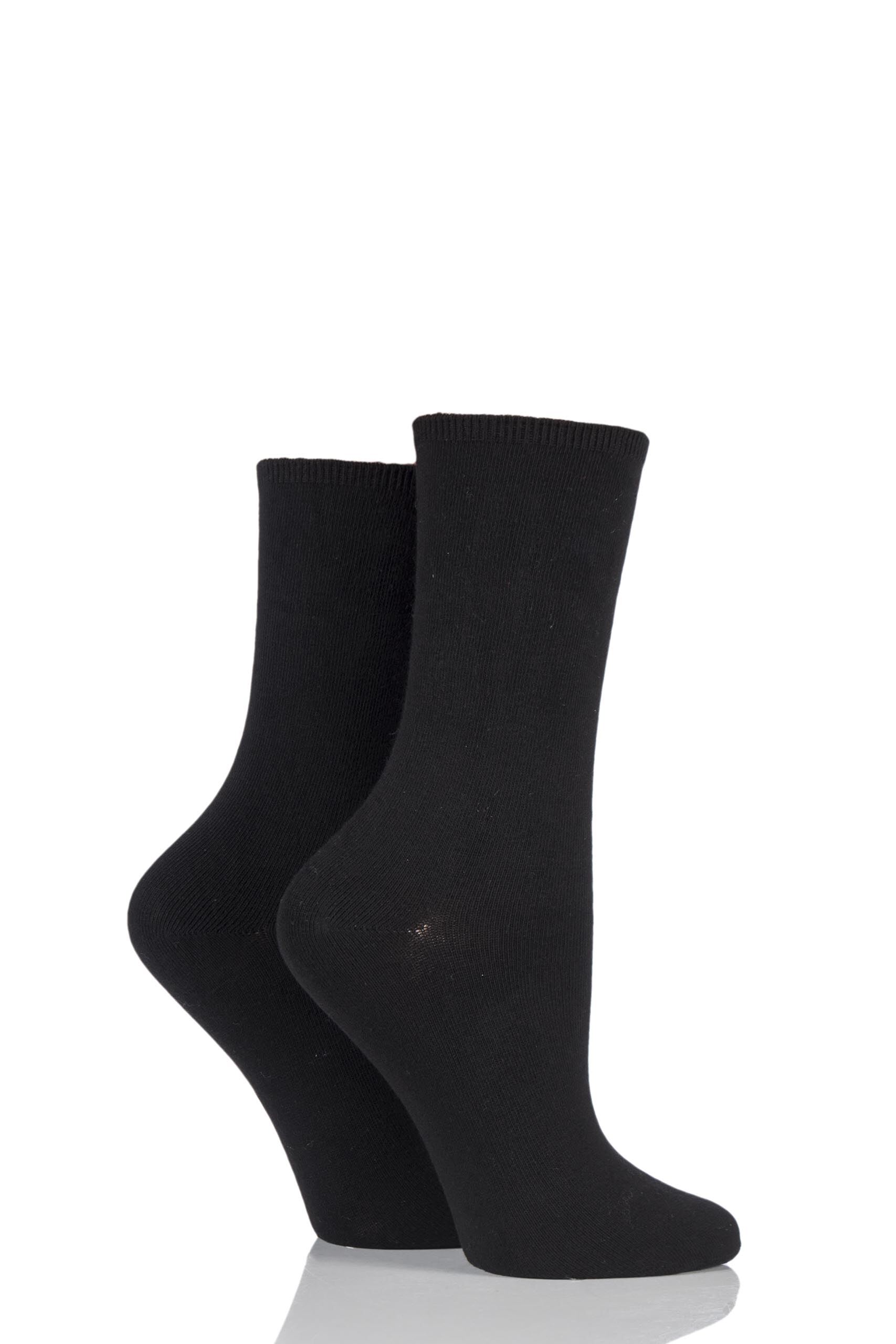 Image of 2 Pair Black Comfort Top Crew Socks Ladies 4-8 Ladies - Charnos