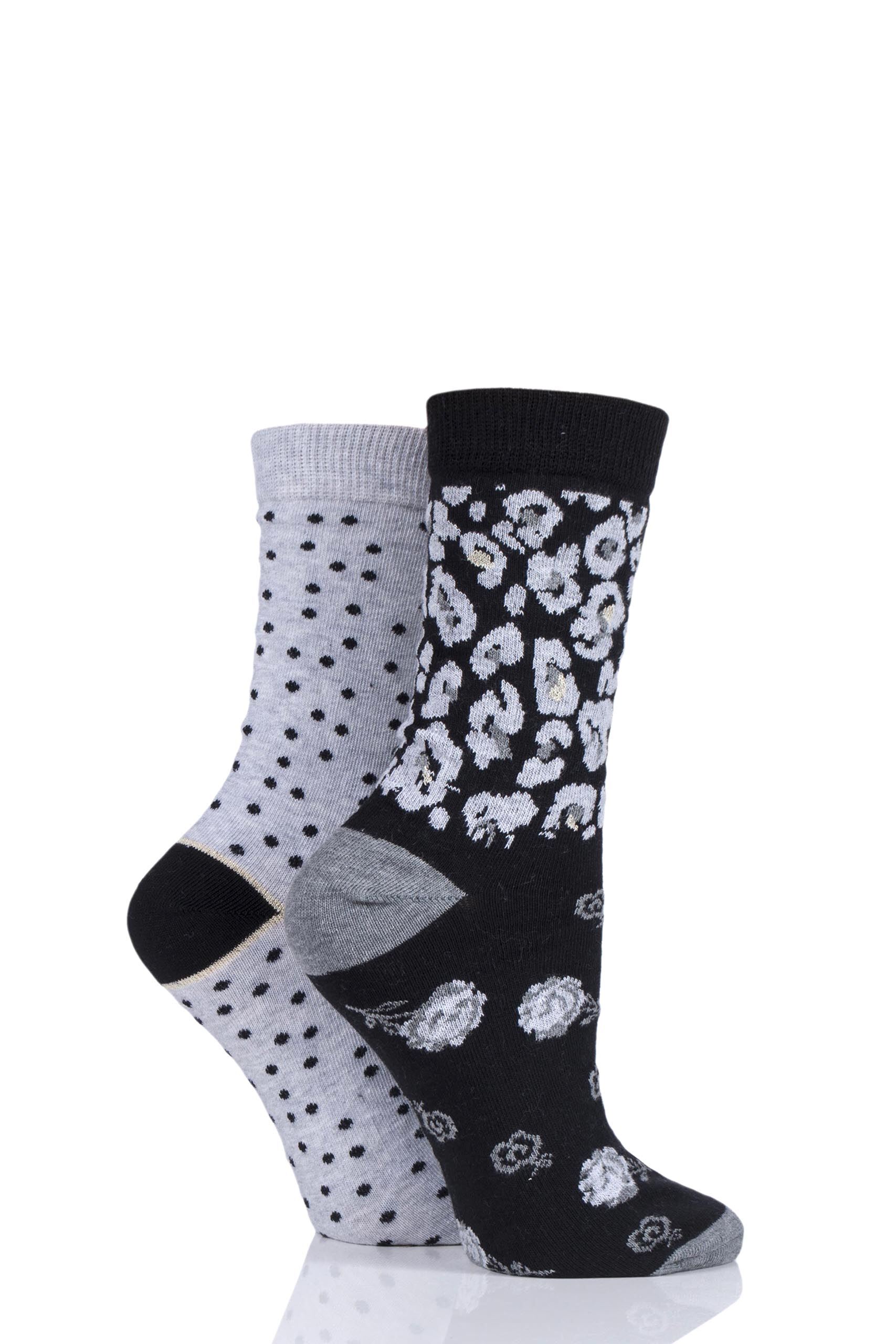 Image of 2 Pair Grey Animal Floral Cotton Socks Ladies 4-8 Ladies - Charnos