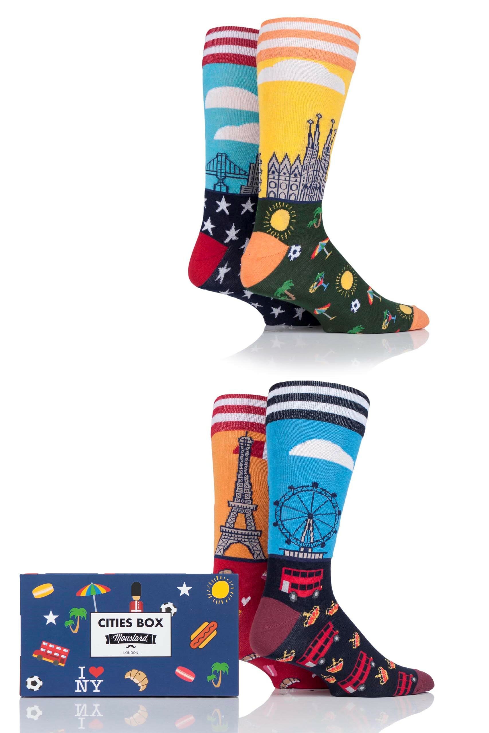 Image of 4 Pair Assorted World Cities Cotton Socks In Gift Box Men's 7.5-11.5 Mens - Moustard
