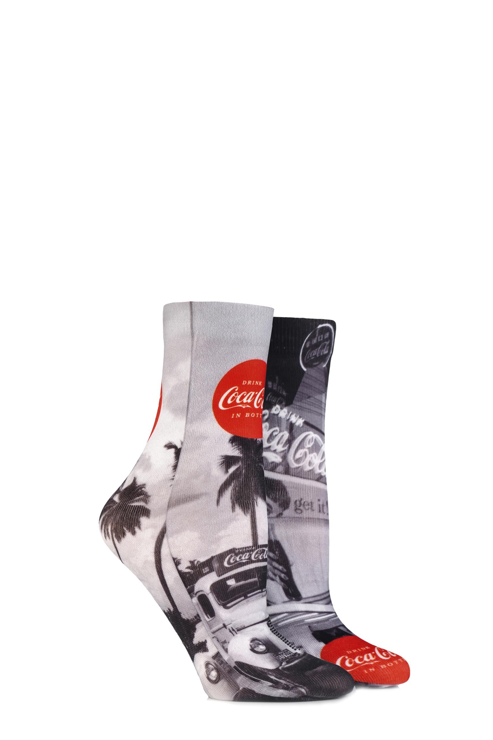 Image of 2 Pair Black / White Vintage Printed Socks Ladies 4-8 Ladies - Coca Cola