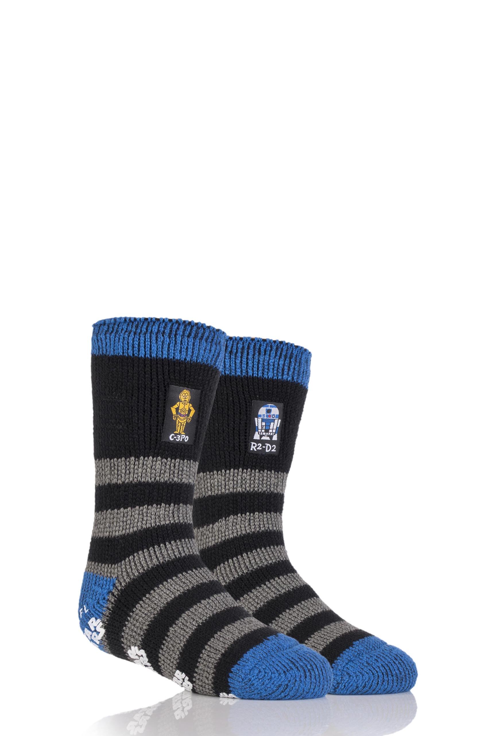 Image of 1 Pair Black / Grey Star Wars C-3PO and R2-D2 Slipper Socks with Grip Boys 12.5-3.5 Kids (8-12 Years) - Heat Holders