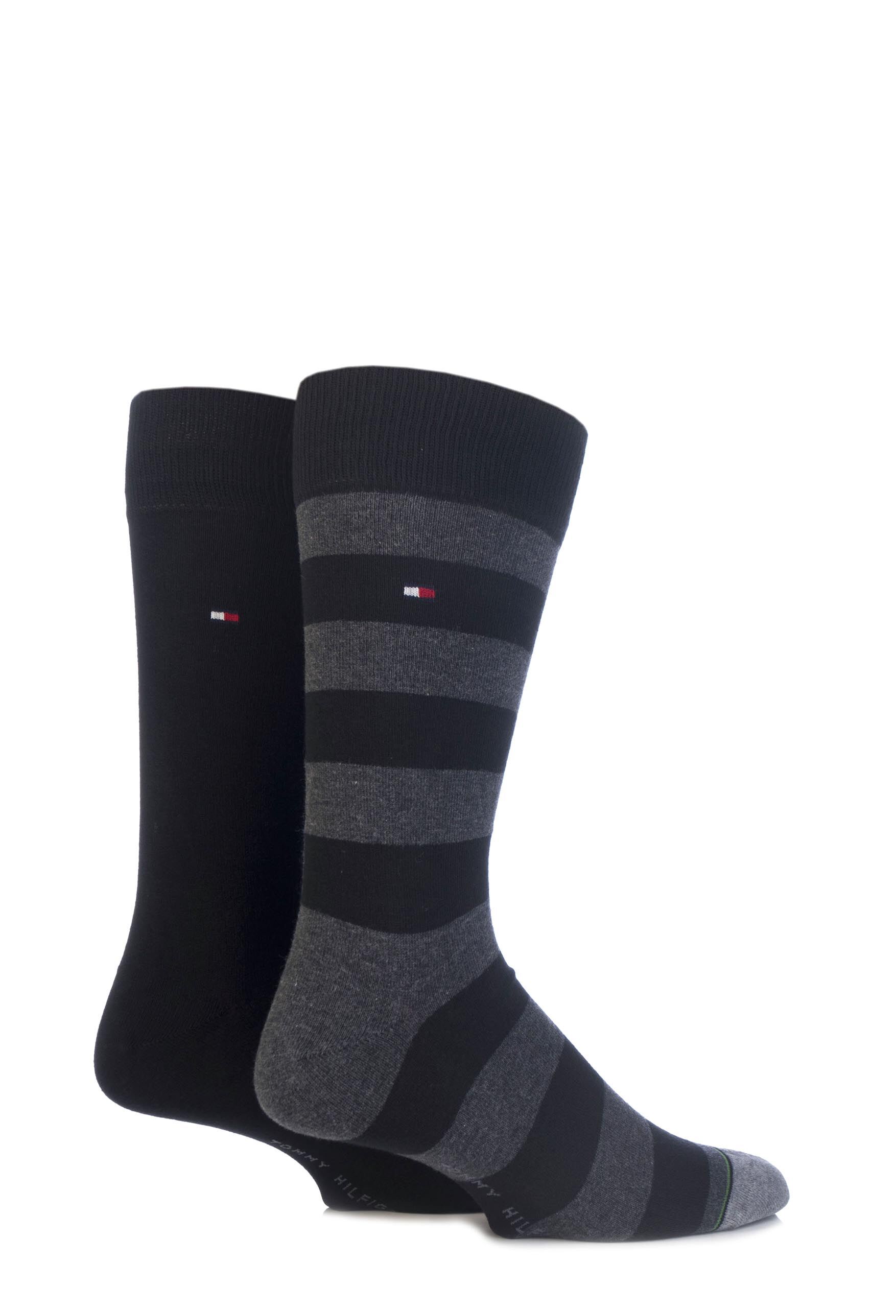 Image of 2 Pair Black Rugby Striped Cotton Socks Men's 9-11 Mens - Tommy Hilfiger