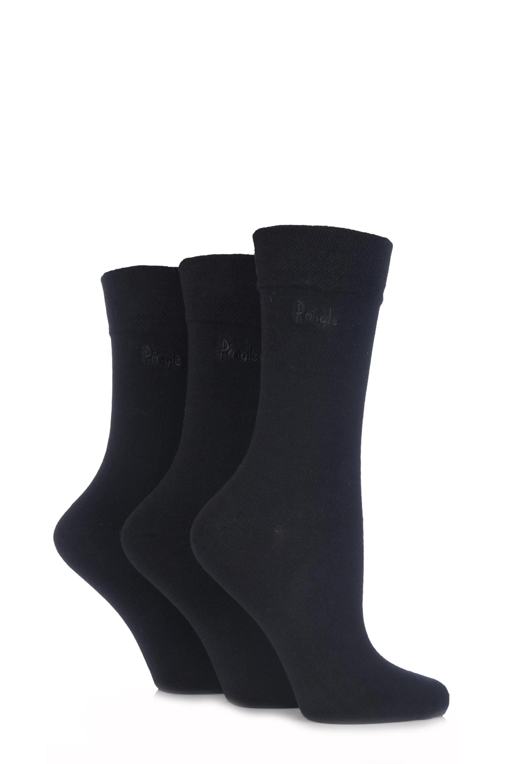 Image of 3 Pair Black Jean Plain Comfort Cuff Cotton Socks Ladies 4-8 Ladies - Pringle