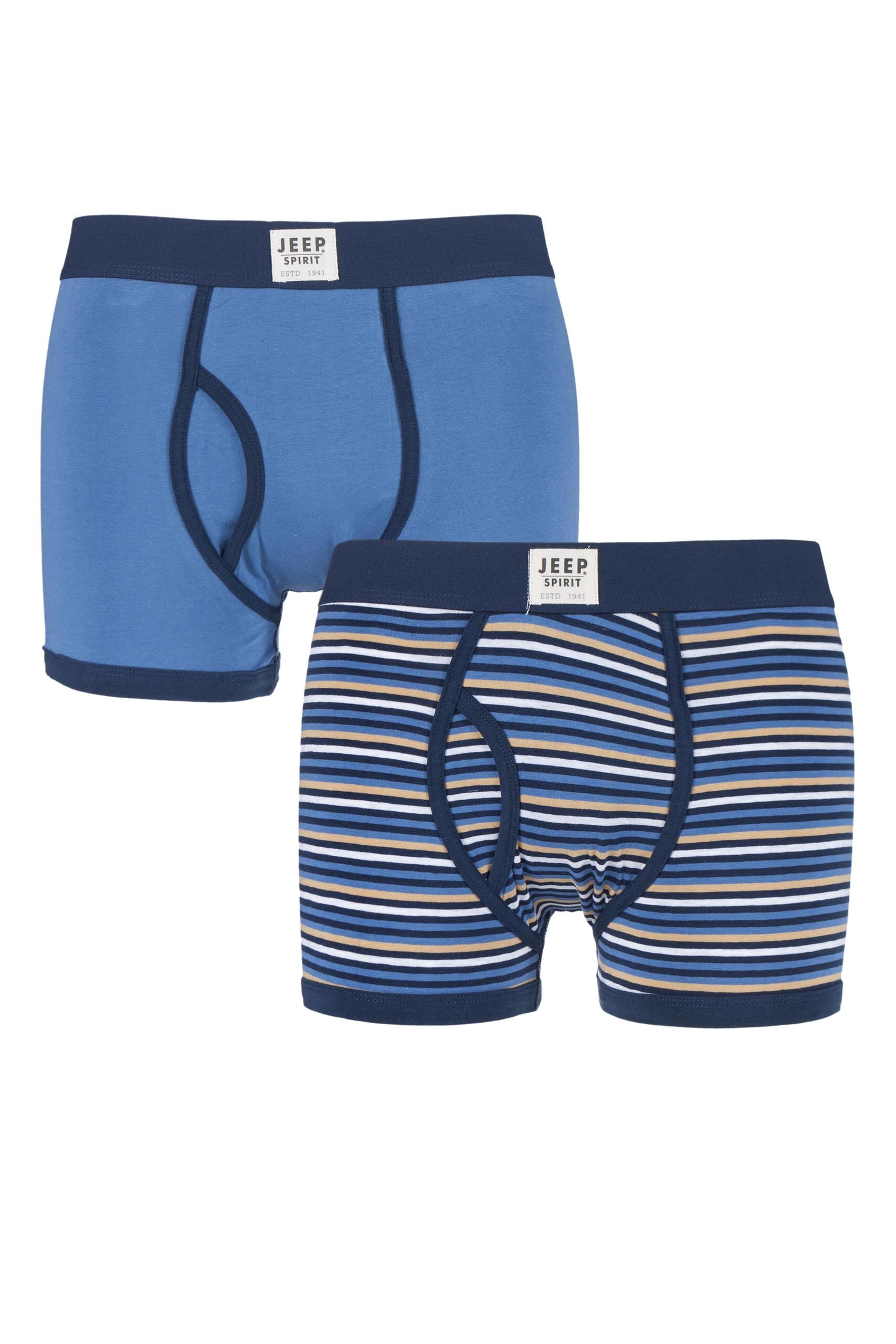 Image of 2 Pack Navy / Sand Spirit Multi Stripe and Plain Cotton Rich Keyhole Trunks Men's Small - Jeep