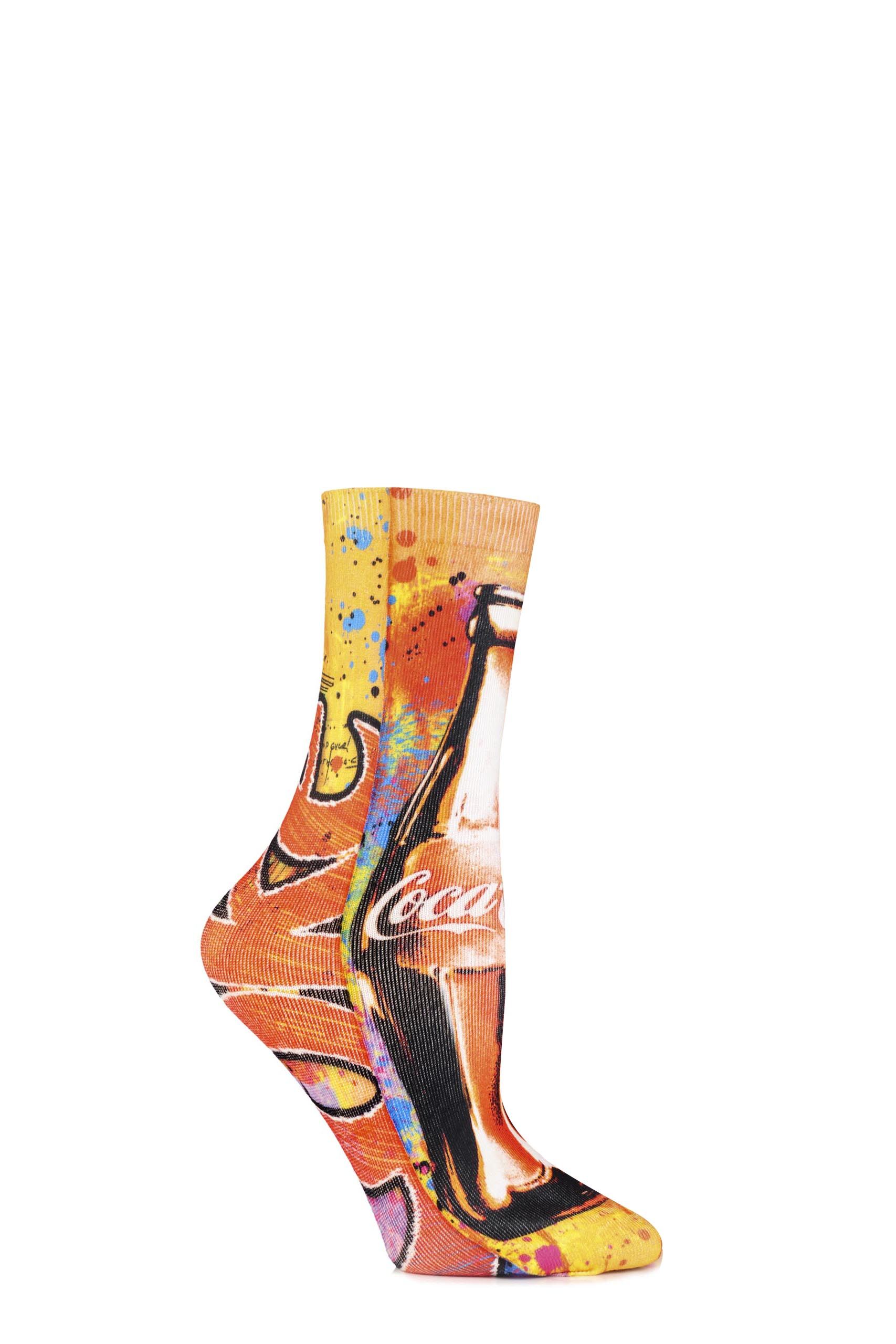 Image of 1 Pair Orange Graffiti Bottle Printed Socks Ladies 4-8 Ladies - Coca Cola